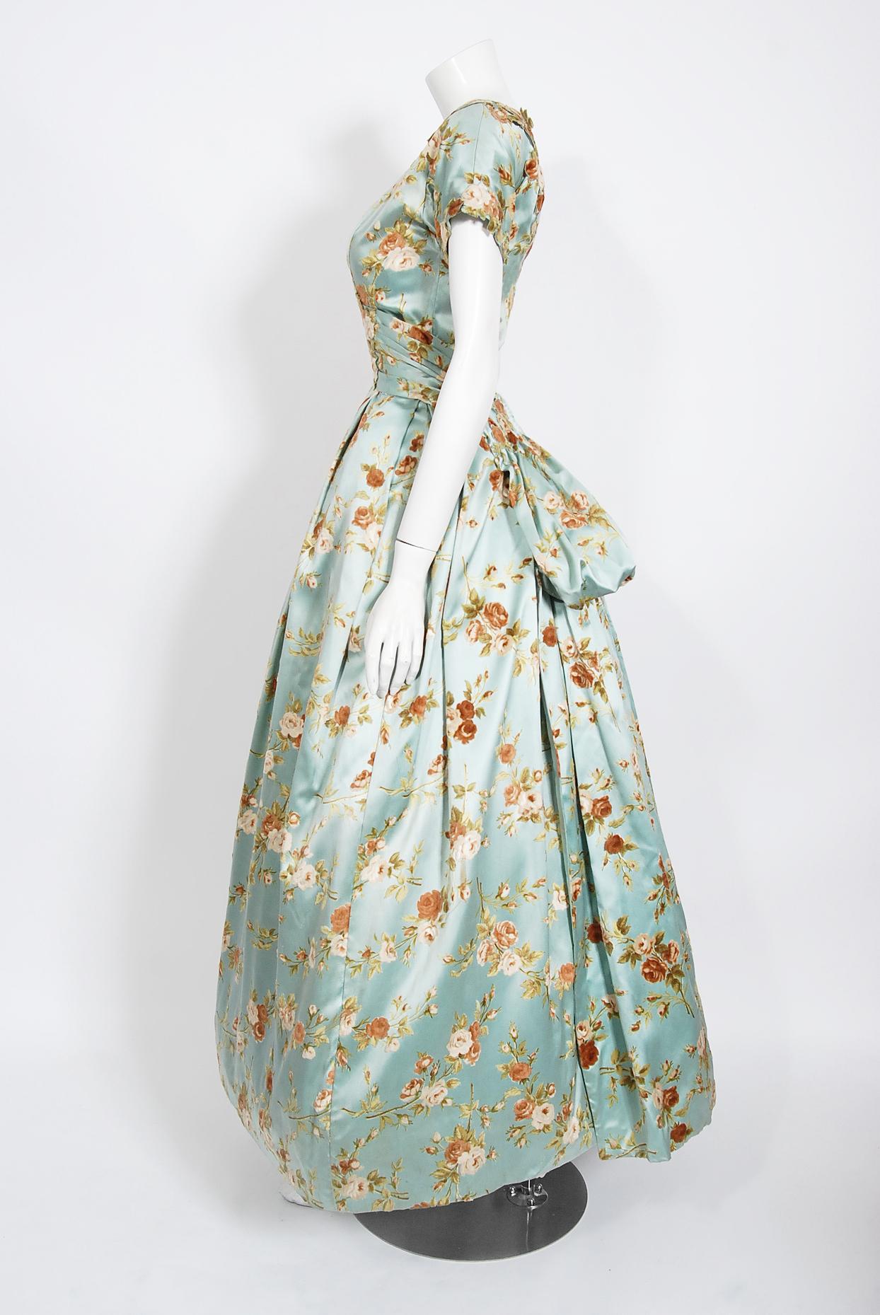 Vintage 1950's Baby-Blue Rose Print Satin Applique Bustle Unworn Couture Gown 5