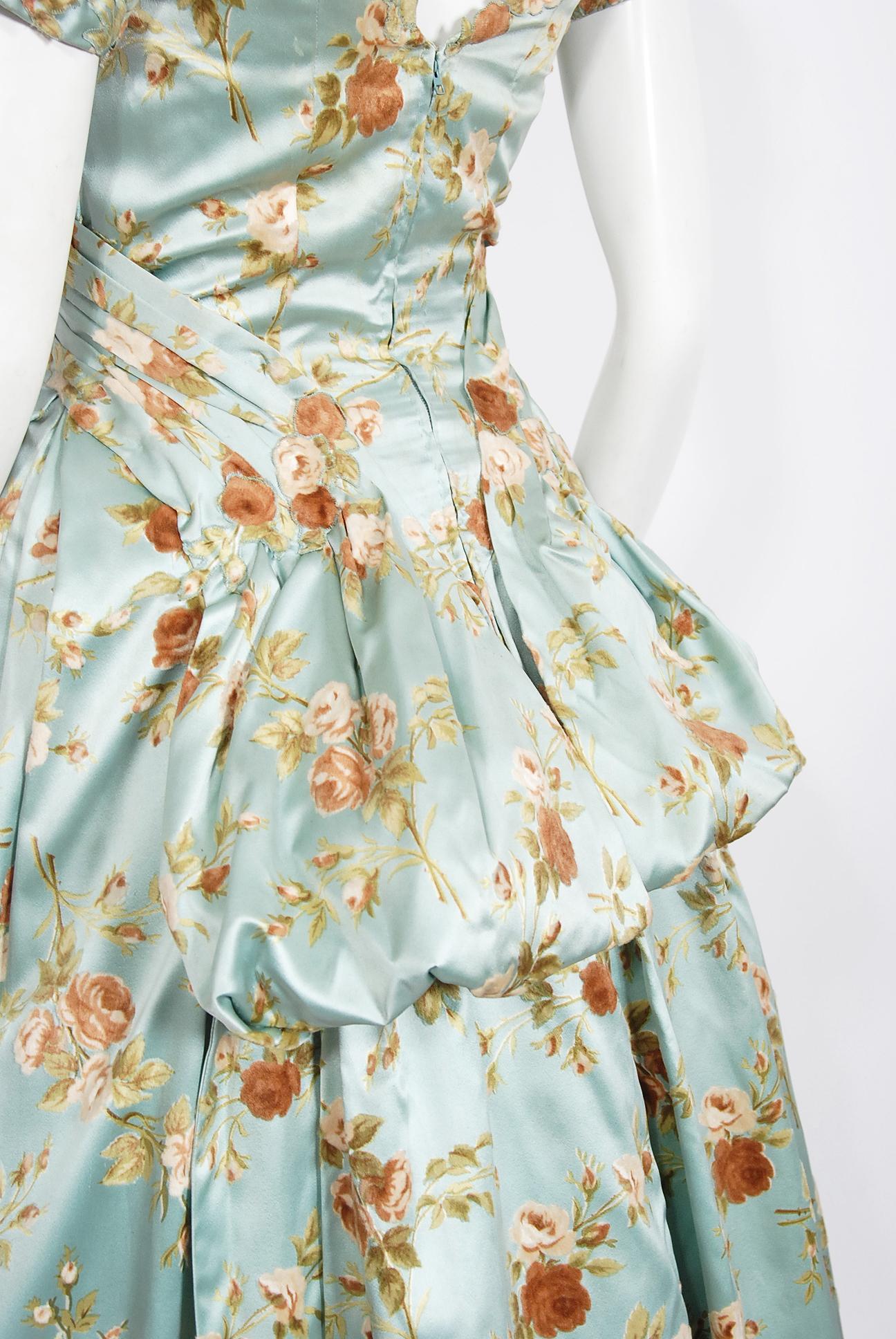 Vintage 1950's Baby-Blue Rose Print Satin Applique Bustle Unworn Couture Gown 6