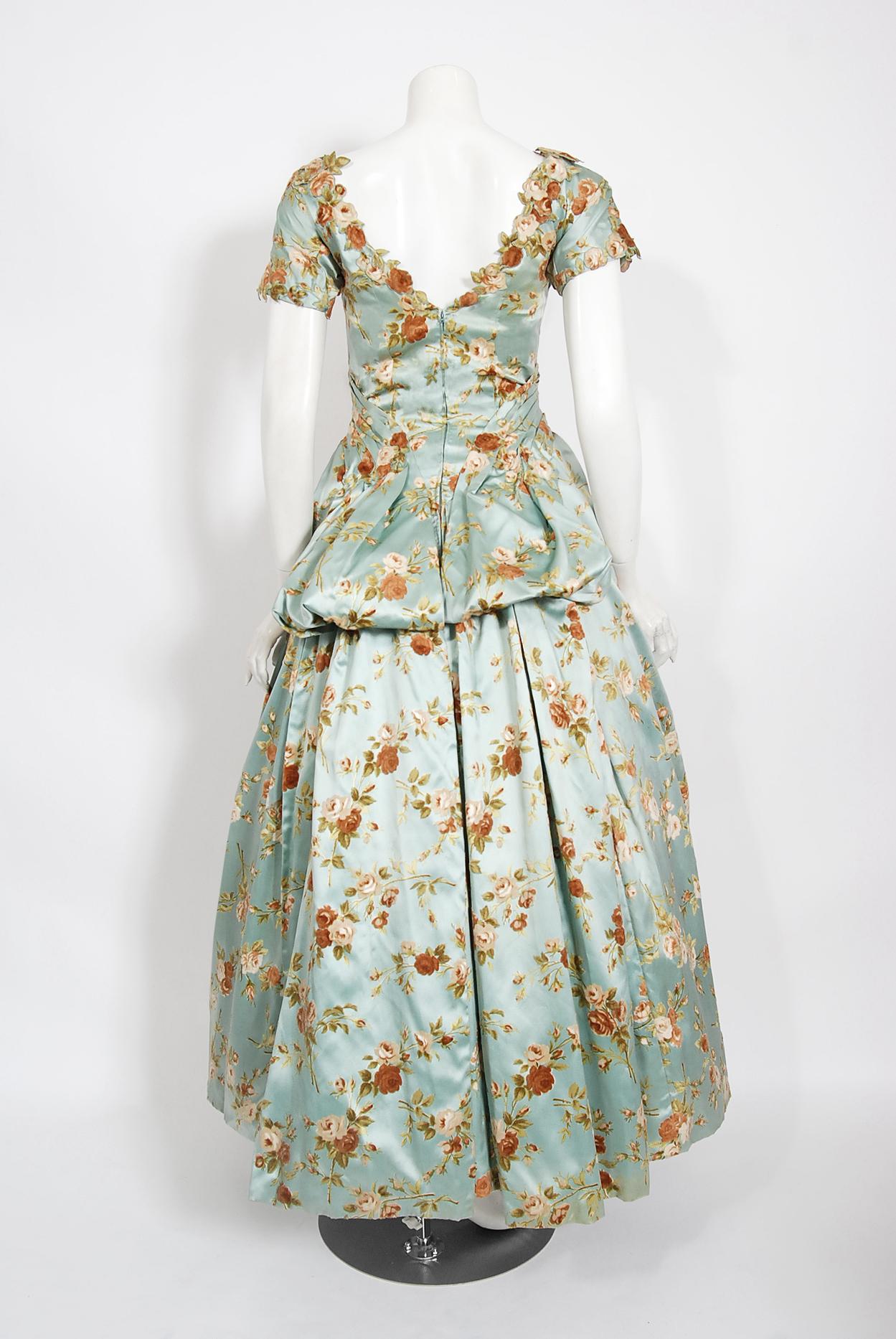 Vintage 1950's Baby-Blue Rose Print Satin Applique Bustle Unworn Couture Gown 7