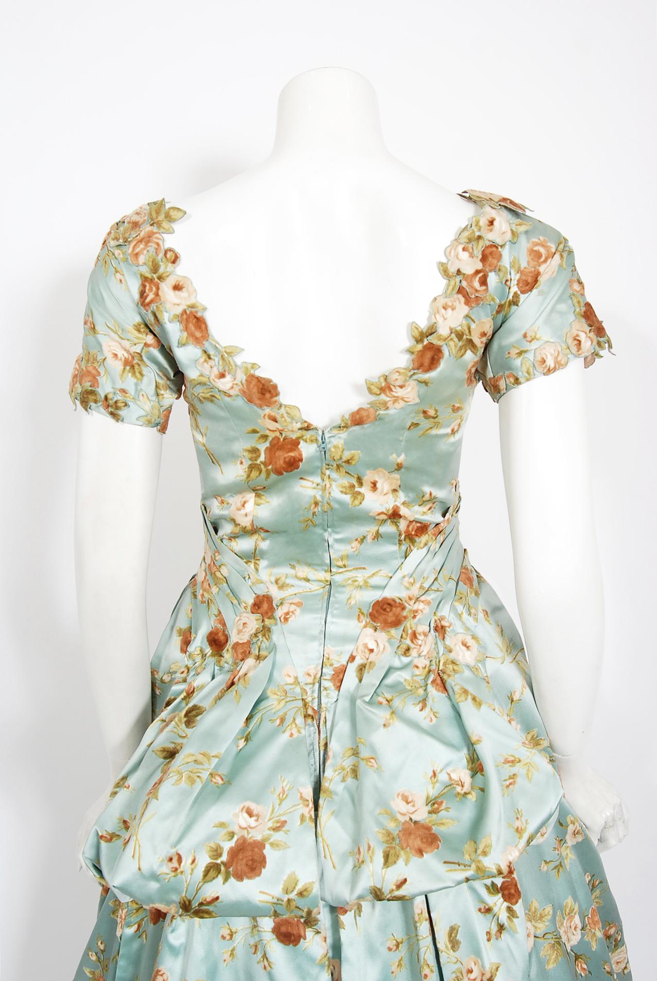 Vintage 1950's Baby-Blue Rose Print Satin Applique Bustle Unworn Couture Gown 8