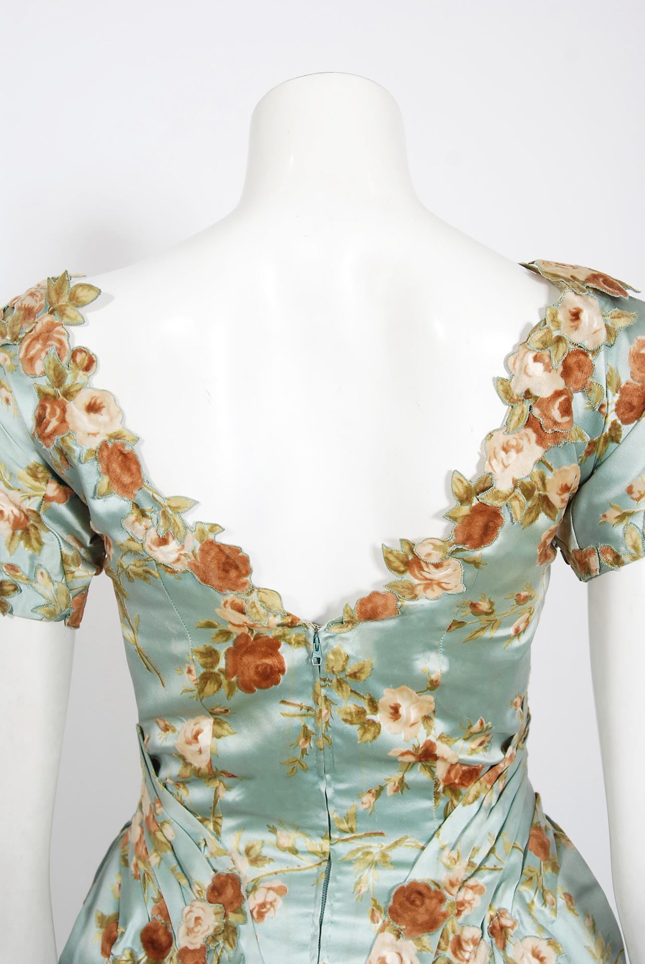Vintage 1950's Baby-Blue Rose Print Satin Applique Bustle Unworn Couture Gown 9