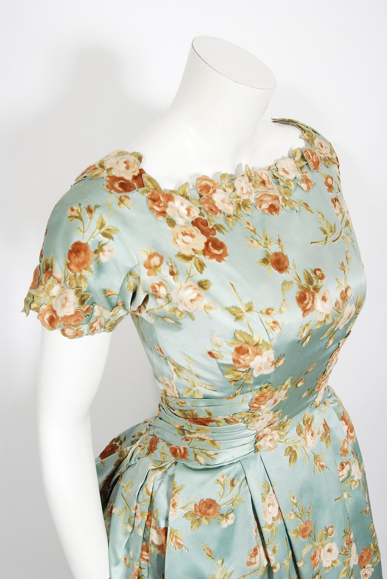 Gray Vintage 1950's Baby-Blue Rose Print Satin Applique Bustle Unworn Couture Gown