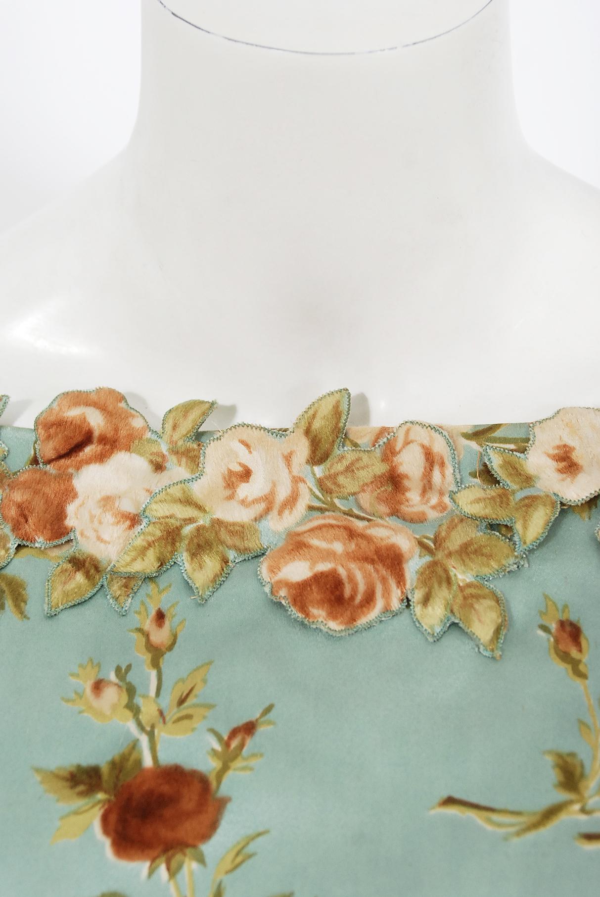 Vintage 1950's Baby-Blue Rose Print Satin Applique Bustle Unworn Couture Gown In Good Condition In Beverly Hills, CA