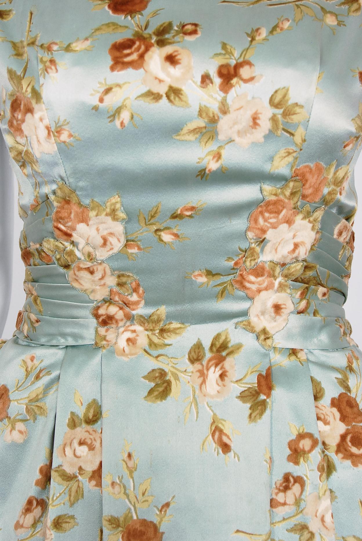 Vintage 1950's Baby-Blue Rose Print Satin Applique Bustle Unworn Couture Gown 1