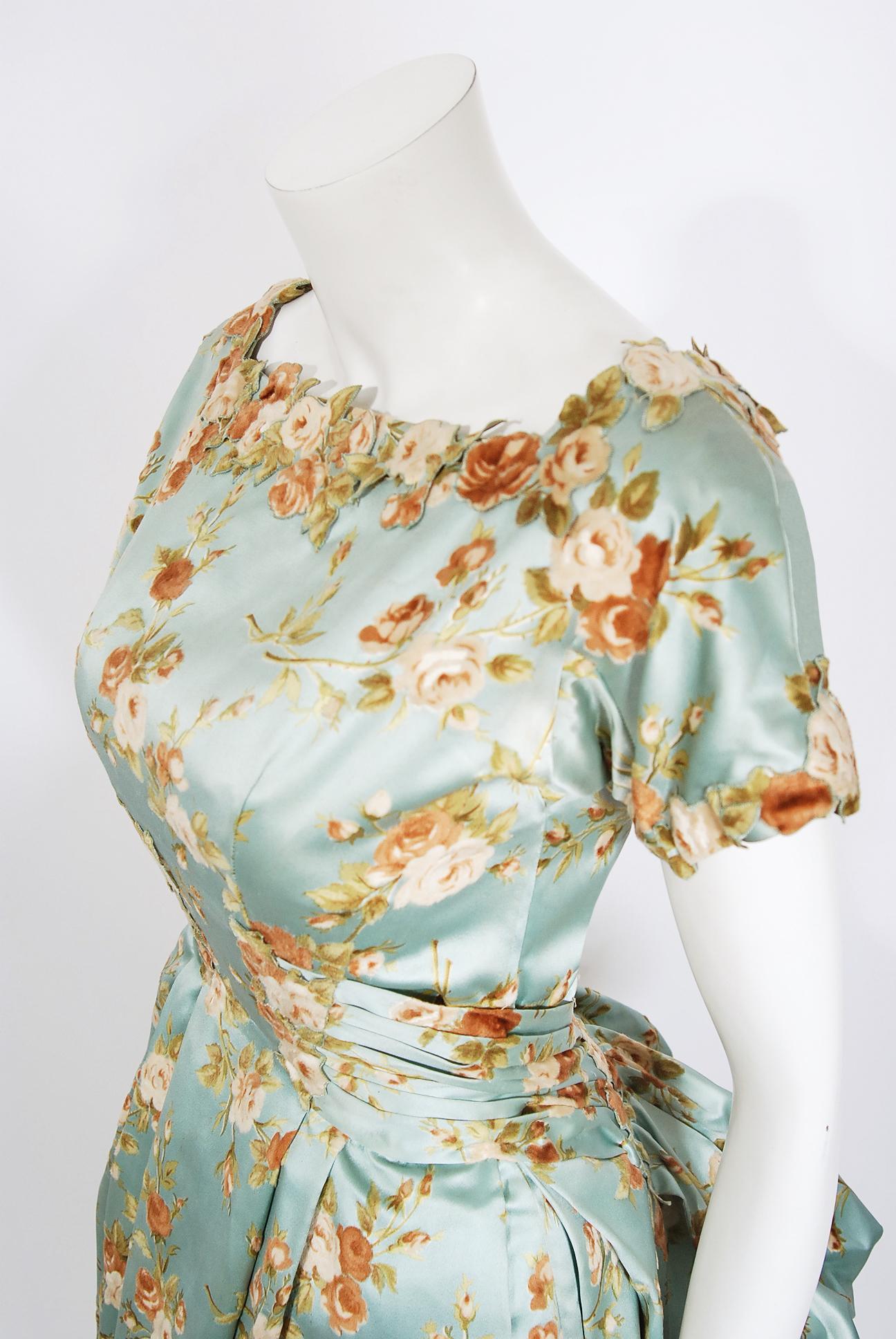 Vintage 1950's Baby-Blue Rose Print Satin Applique Bustle Unworn Couture Gown 2