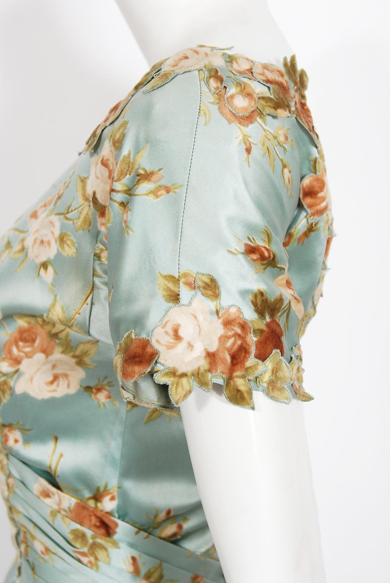 Vintage 1950's Baby-Blue Rose Print Satin Applique Bustle Unworn Couture Gown 3
