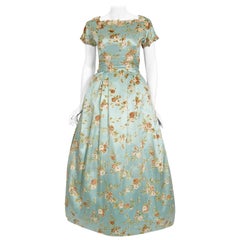 Vintage 1950's Baby-Blue Rose Print Satin Applique Bustle Unworn Couture Gown