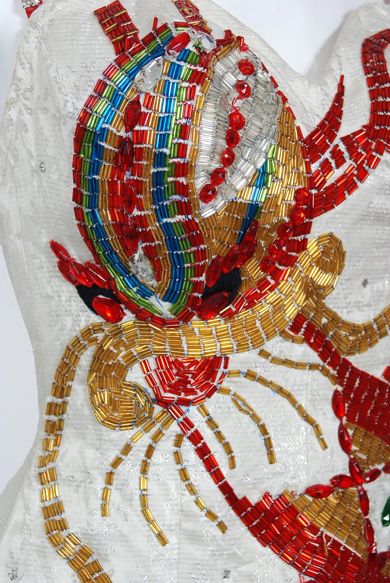 Beige Vintage 1950's Beaded Dragon Motif Documented Hourglass Burlesque Gown Cape Set 