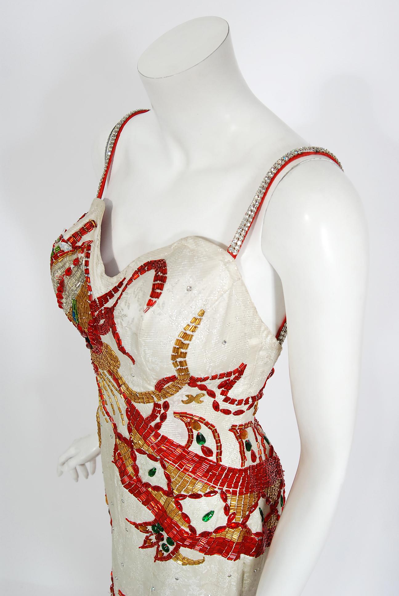 Women's Vintage 1950's Beaded Dragon Motif Documented Hourglass Burlesque Gown Cape Set 