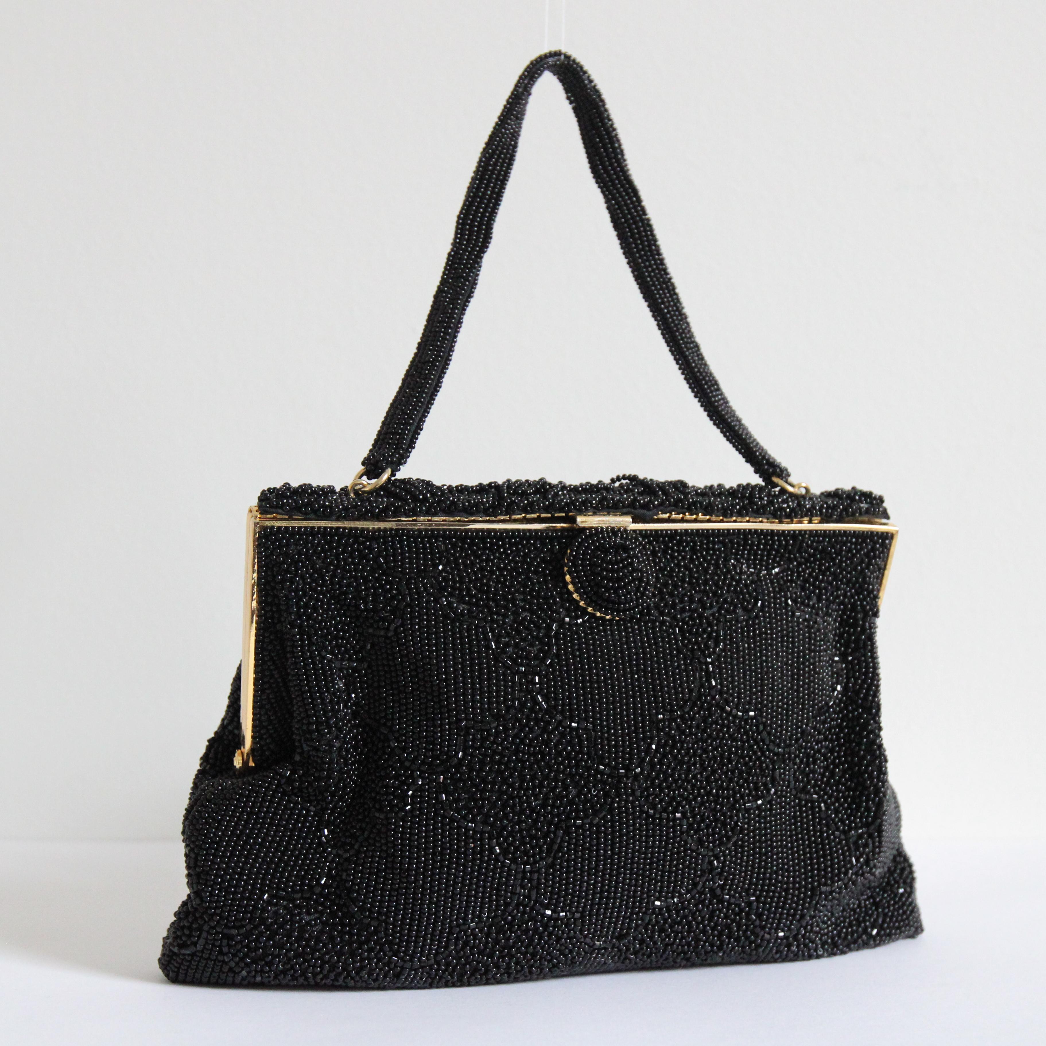 Women's or Men's Vintage 1950's Beaded Evening Bag 1950's Black Micro Beaded Cocktail Bag For Sale