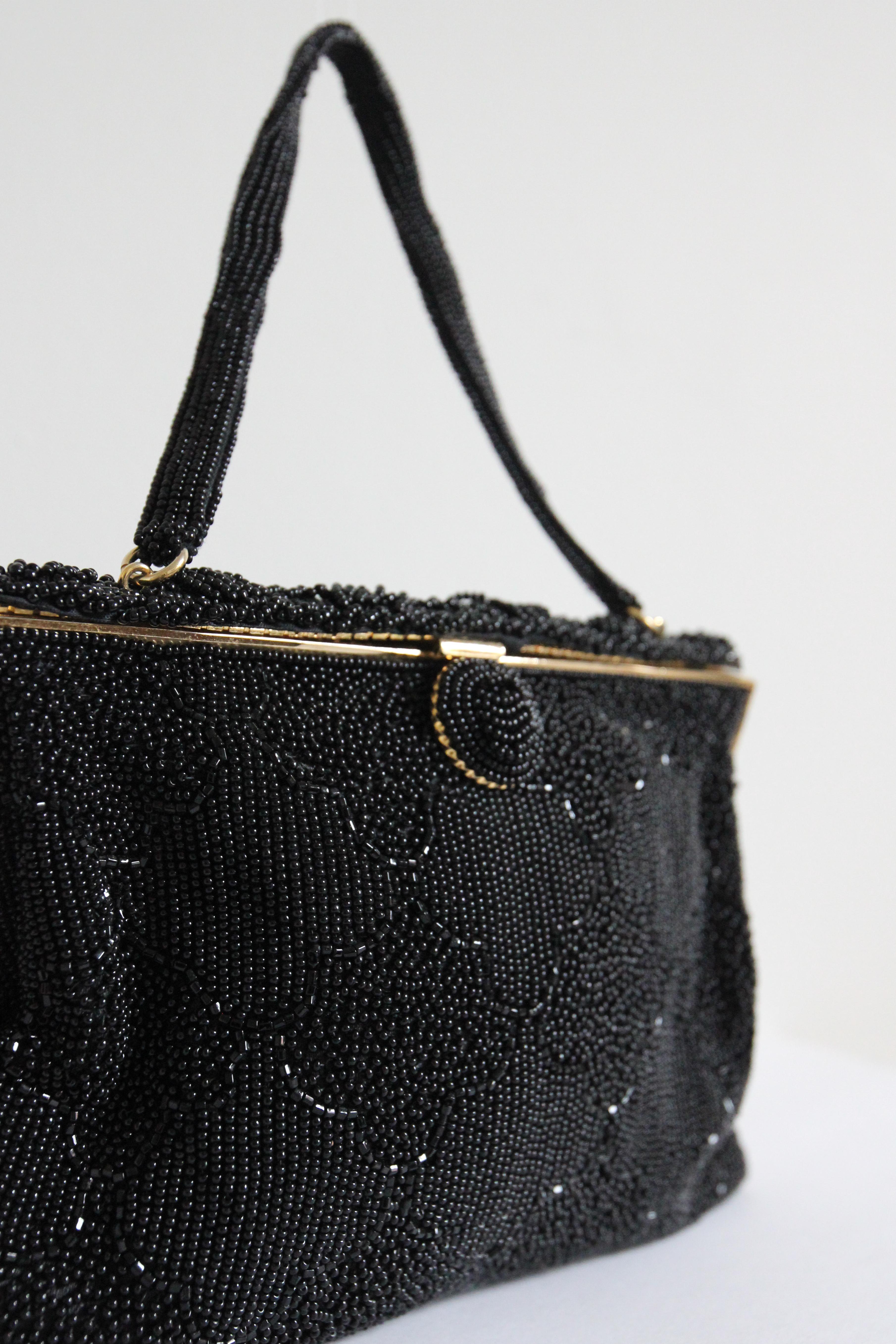 Vintage 1950's Beaded Evening Bag 1950's Black Micro Beaded Cocktail Bag For Sale 1