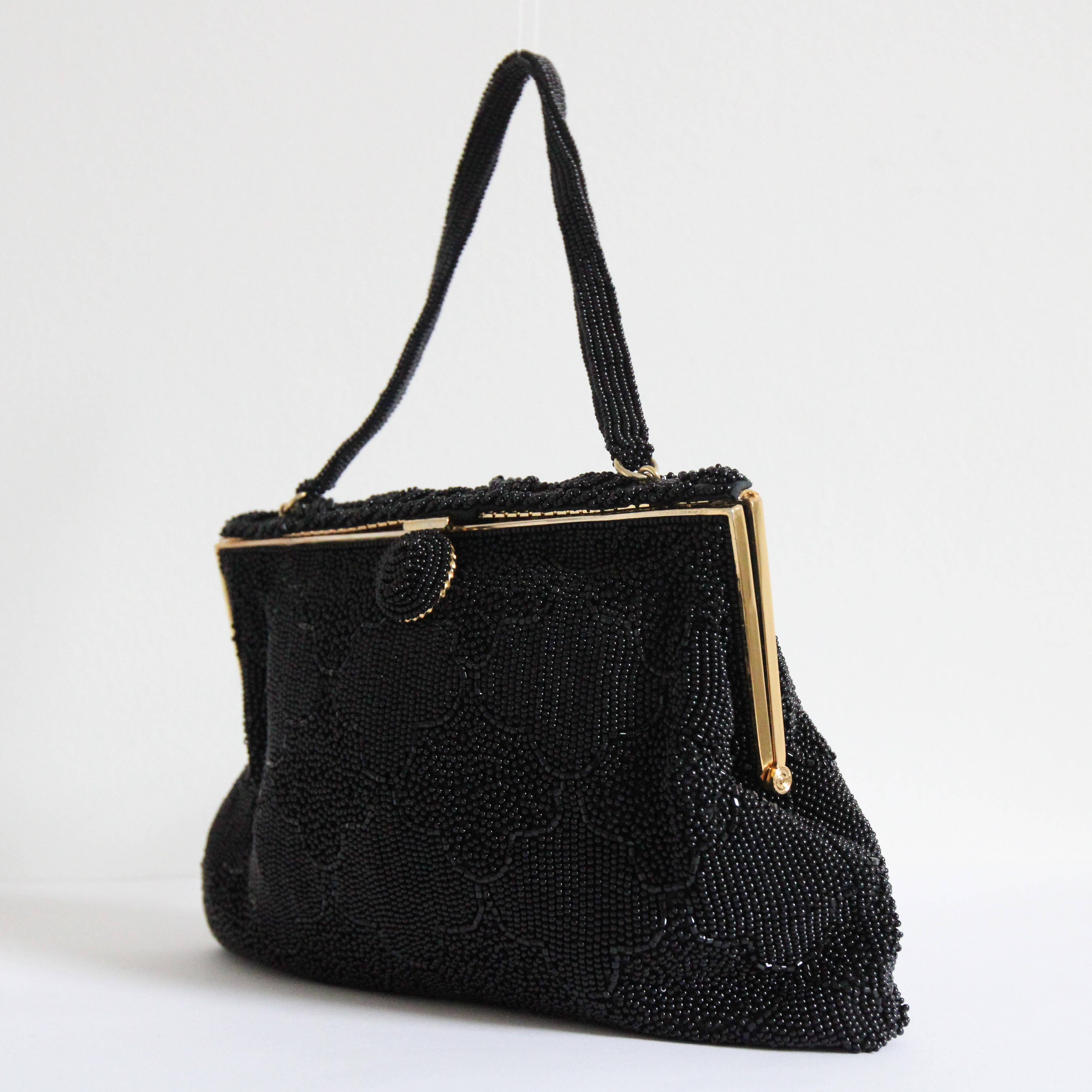 Vintage 1950's Beaded Evening Bag 1950's Black Micro Beaded Cocktail Bag For Sale 2