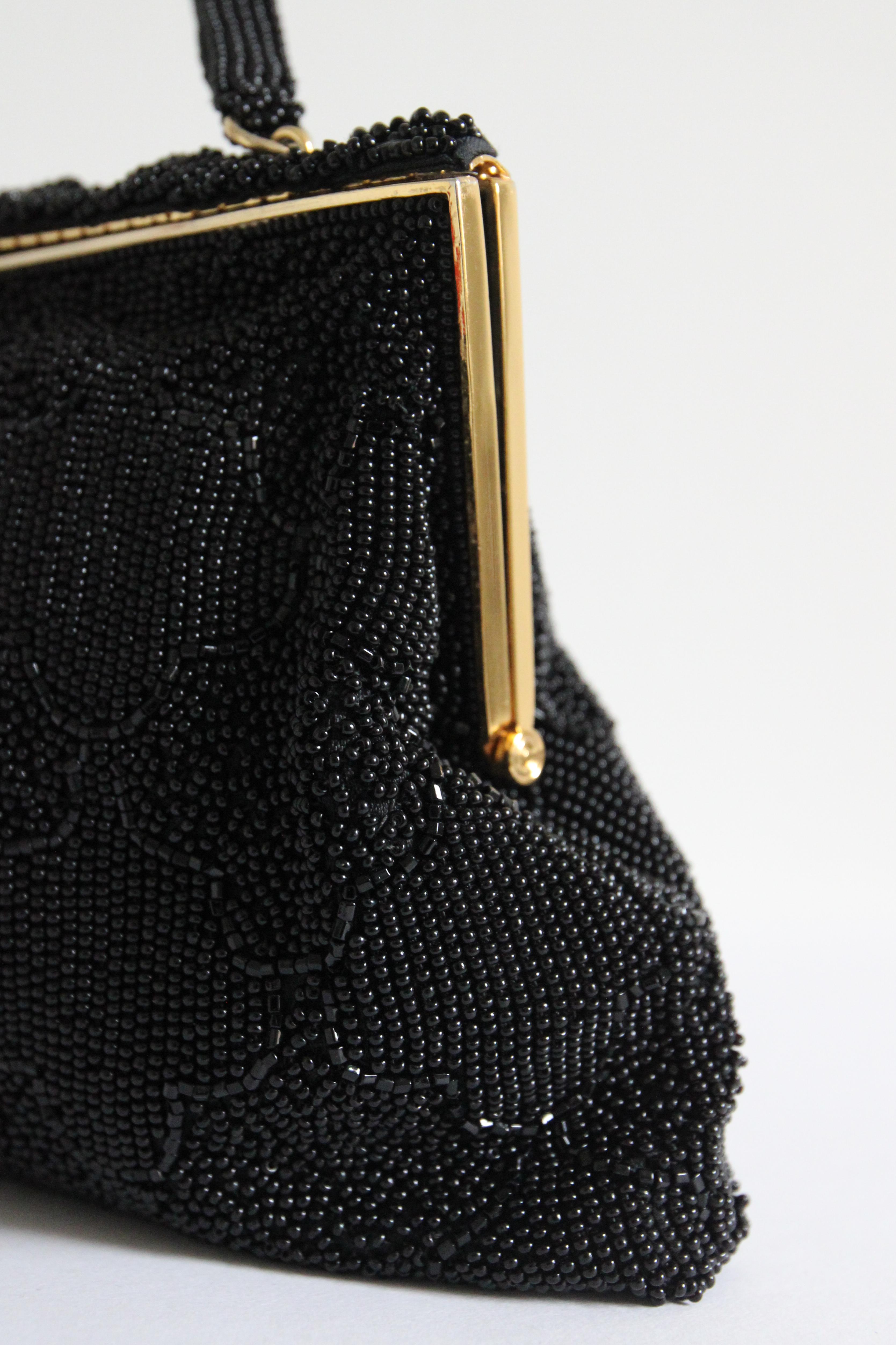 Vintage 1950's Beaded Evening Bag 1950's Black Micro Beaded Cocktail Bag For Sale 3