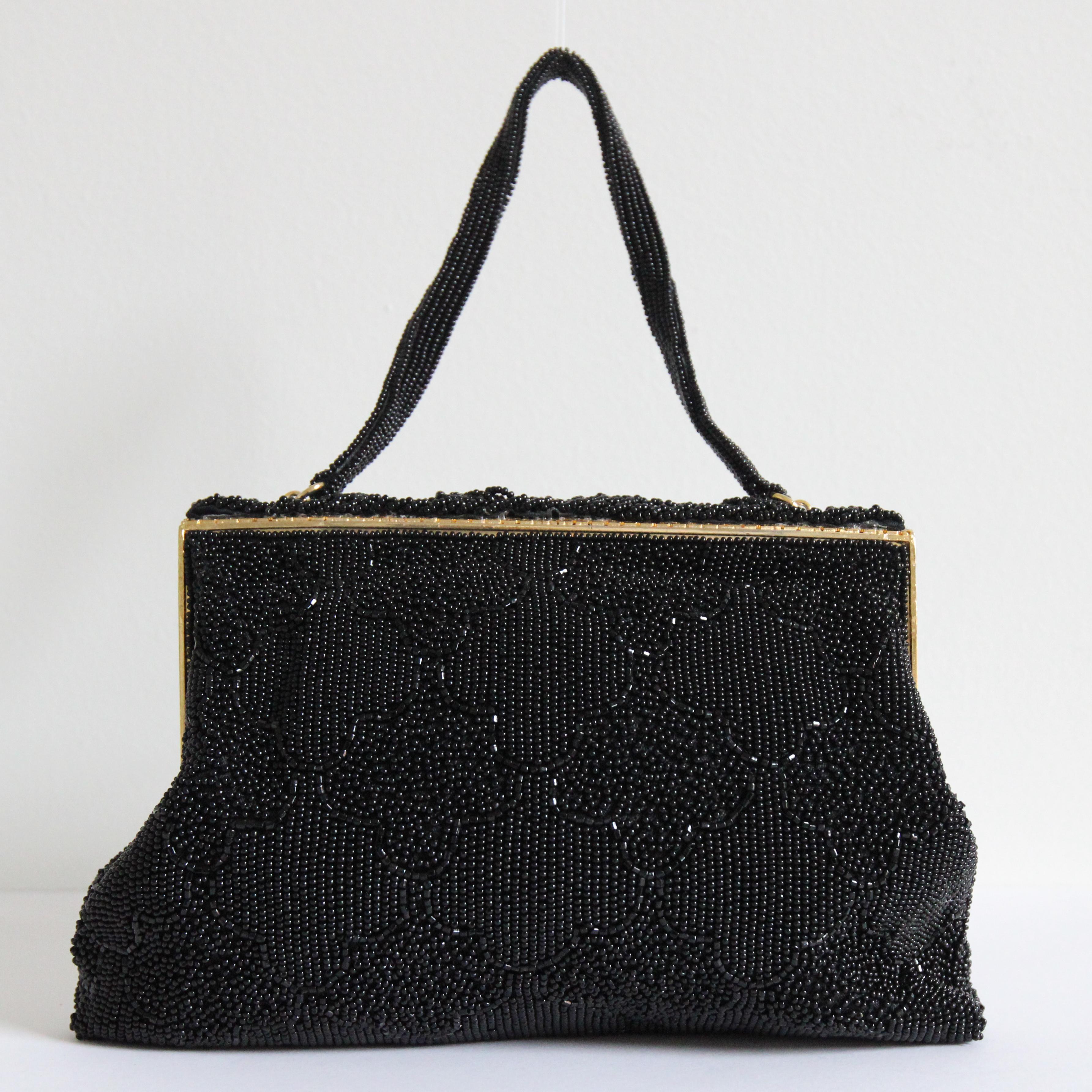 Vintage 1950's Beaded Evening Bag 1950's Black Micro Beaded Cocktail Bag For Sale 4