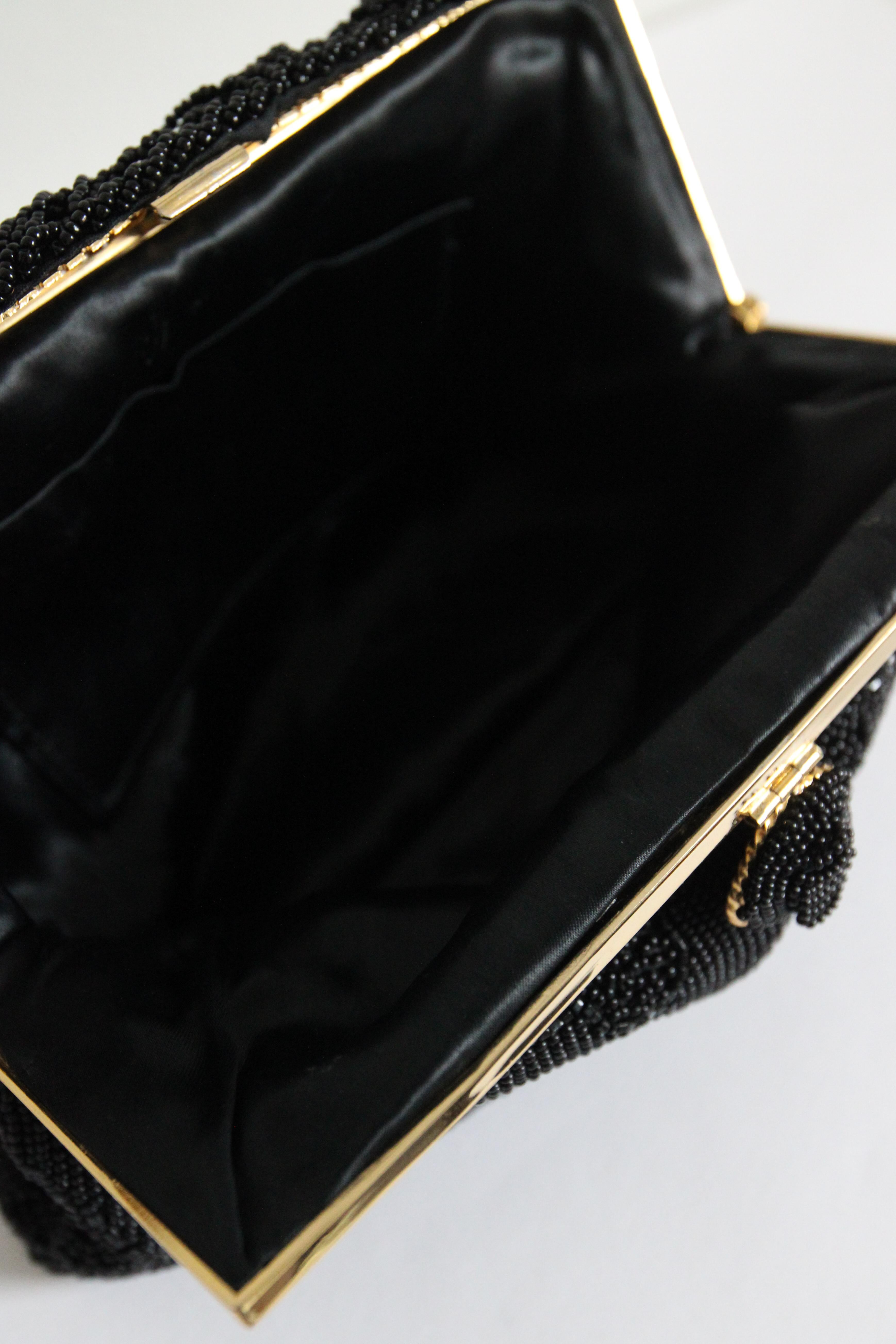 Vintage 1950's Beaded Evening Bag 1950's Black Micro Beaded Cocktail Bag For Sale 5
