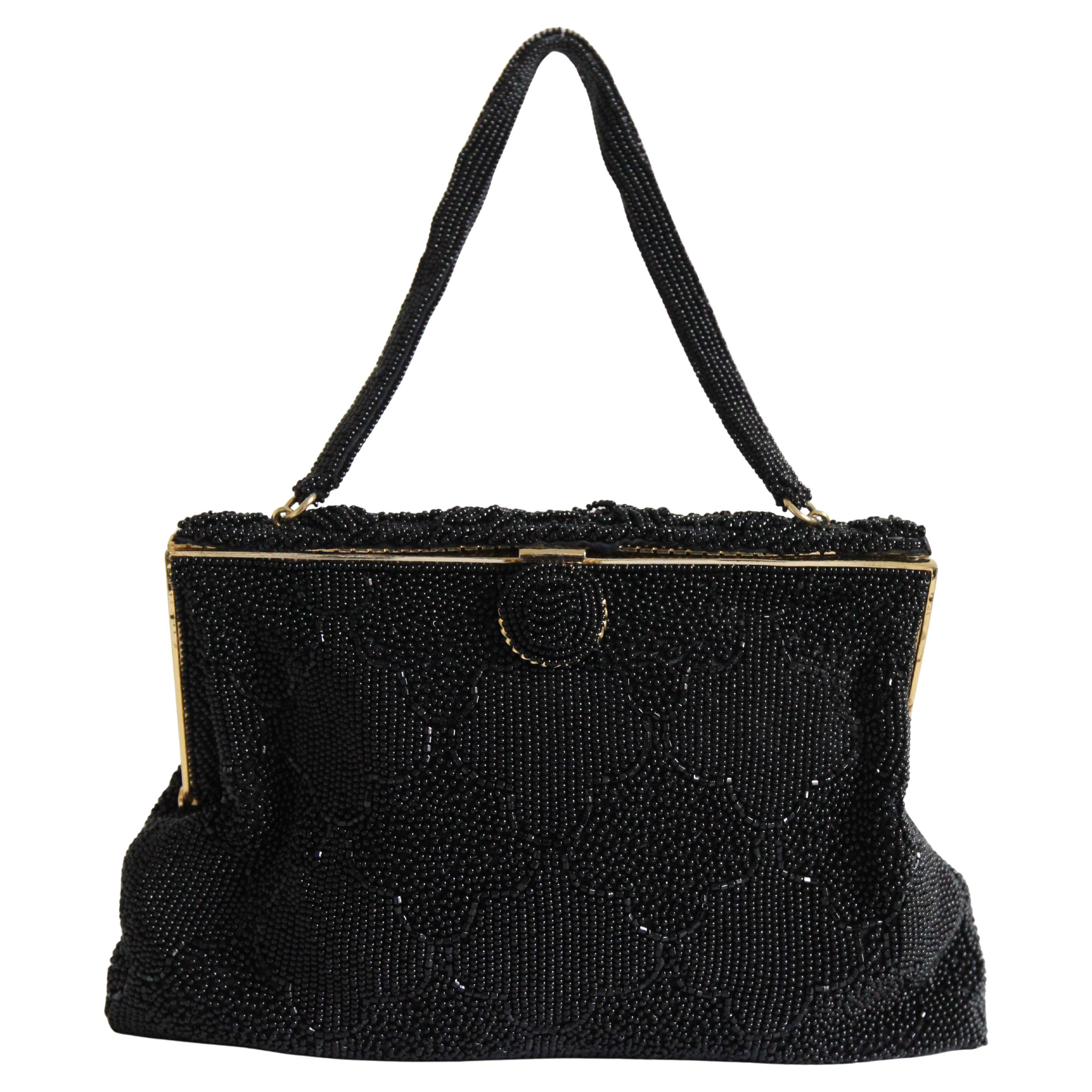 Vintage 1950's Beaded Evening Bag 1950's Black Micro Beaded Cocktail Bag For Sale