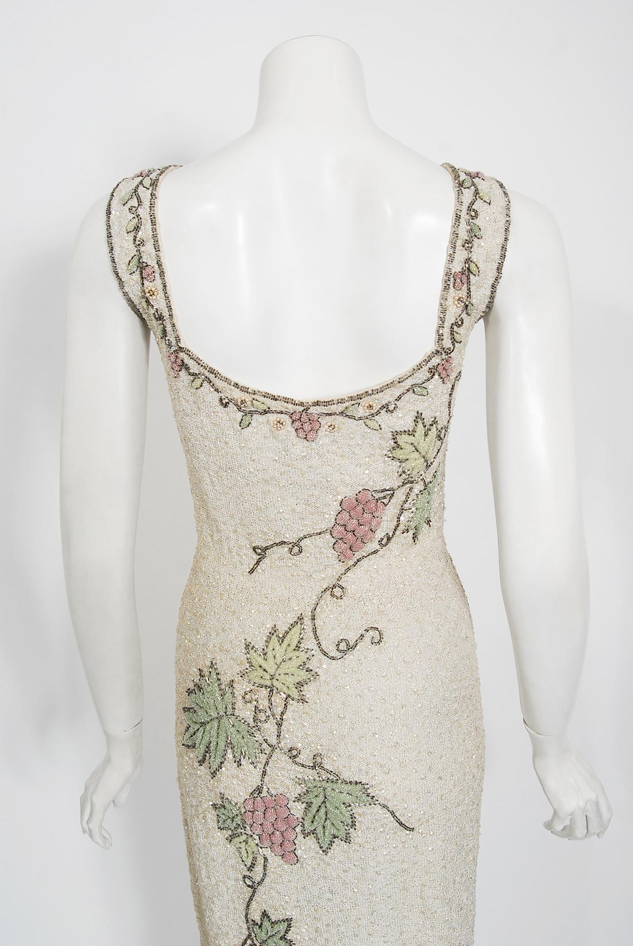 Vintage 1950's Beaded Grapevine Motif Hand-Knit Sequin Wool Hourglass Dress 5