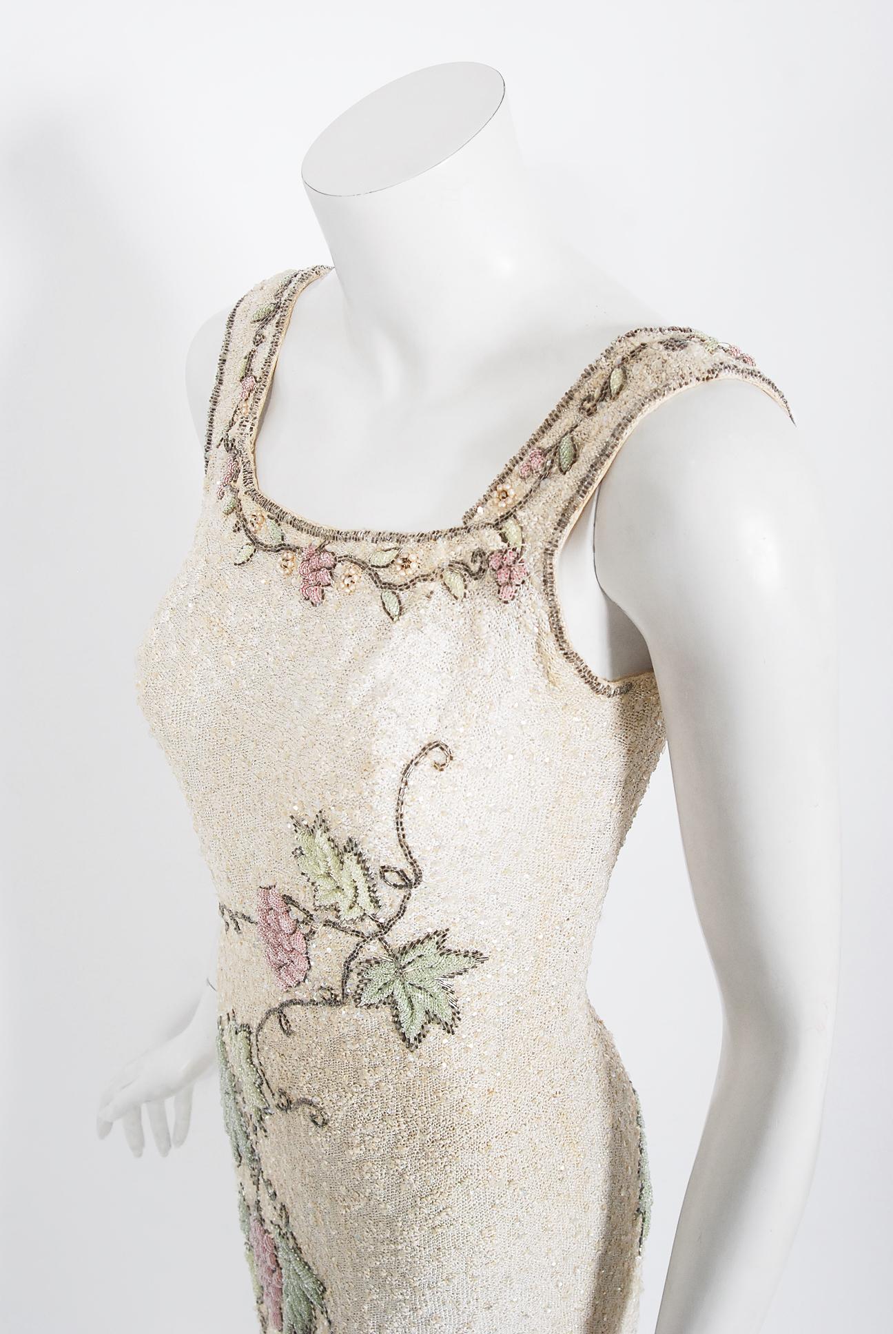 Beige Vintage 1950's Beaded Grapevine Motif Hand-Knit Sequin Wool Hourglass Dress