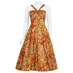 Vintage 1950's Beaded Marigold & Red Floral Print Cotton Shelf-Bust Full Dress