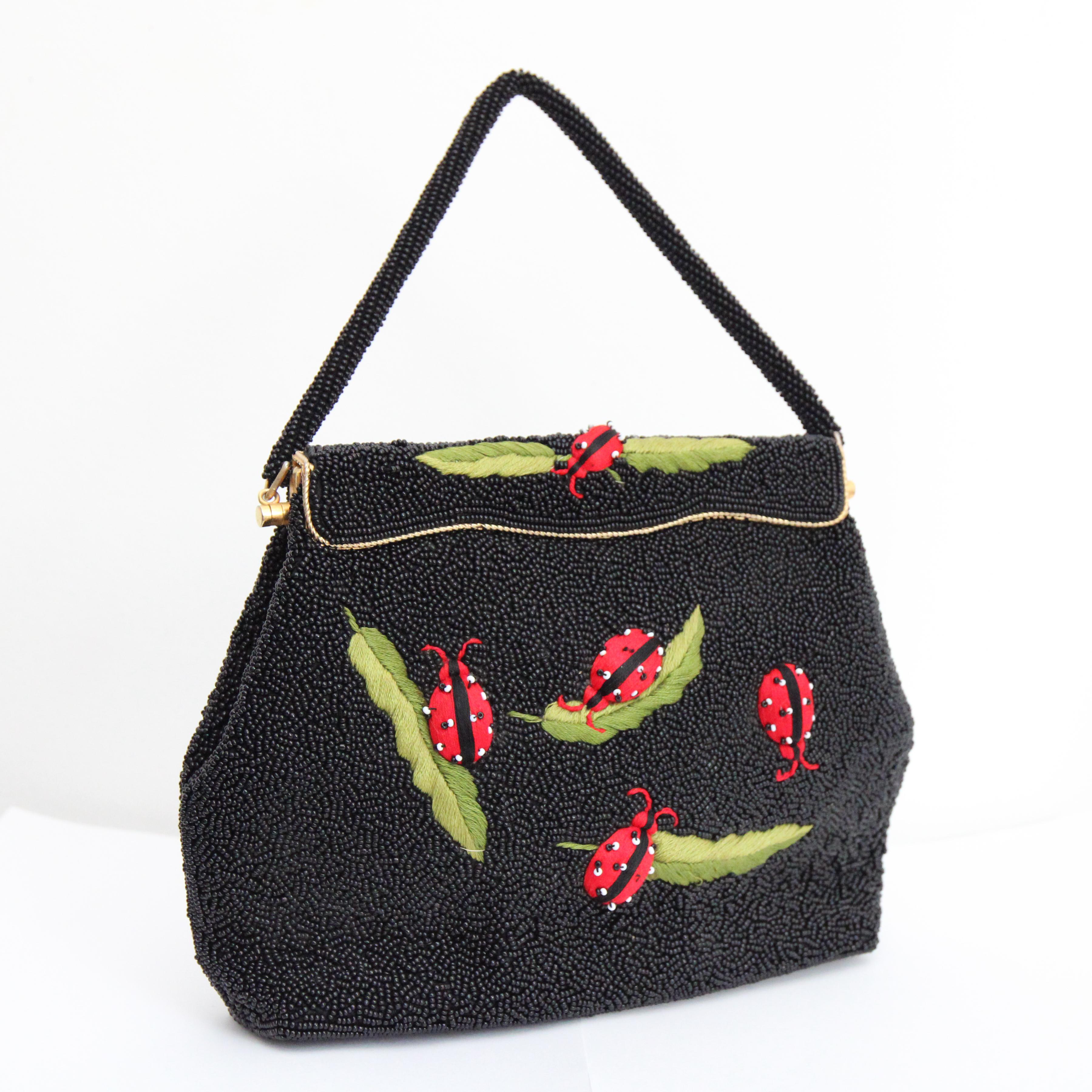 Black Vintage 1950's beaded purse ladybug embroidered beaded handbag insect embroidery For Sale