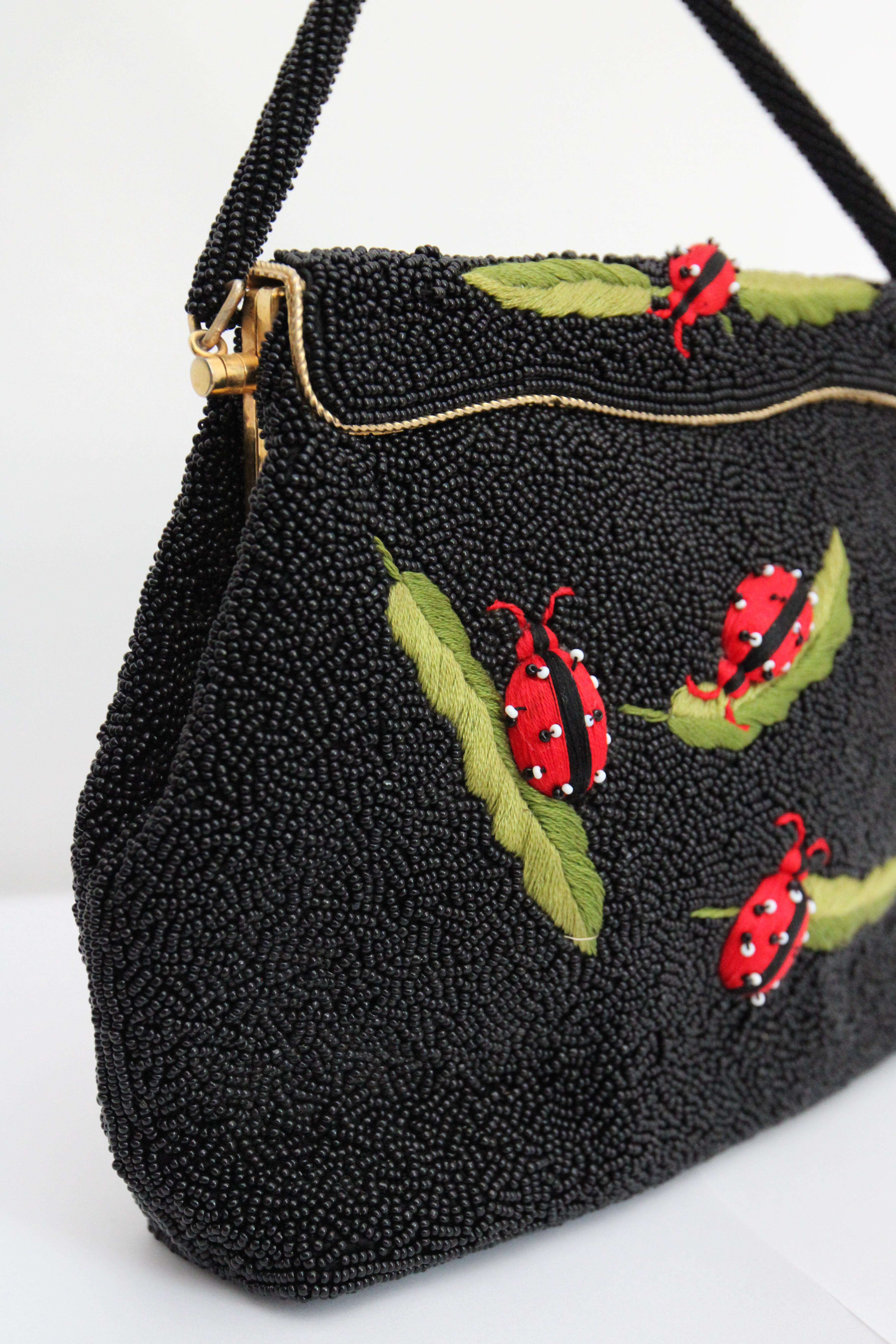 Vintage 1950's beaded purse ladybug embroidered beaded handbag insect embroidery In Good Condition For Sale In Cheltenham, GB