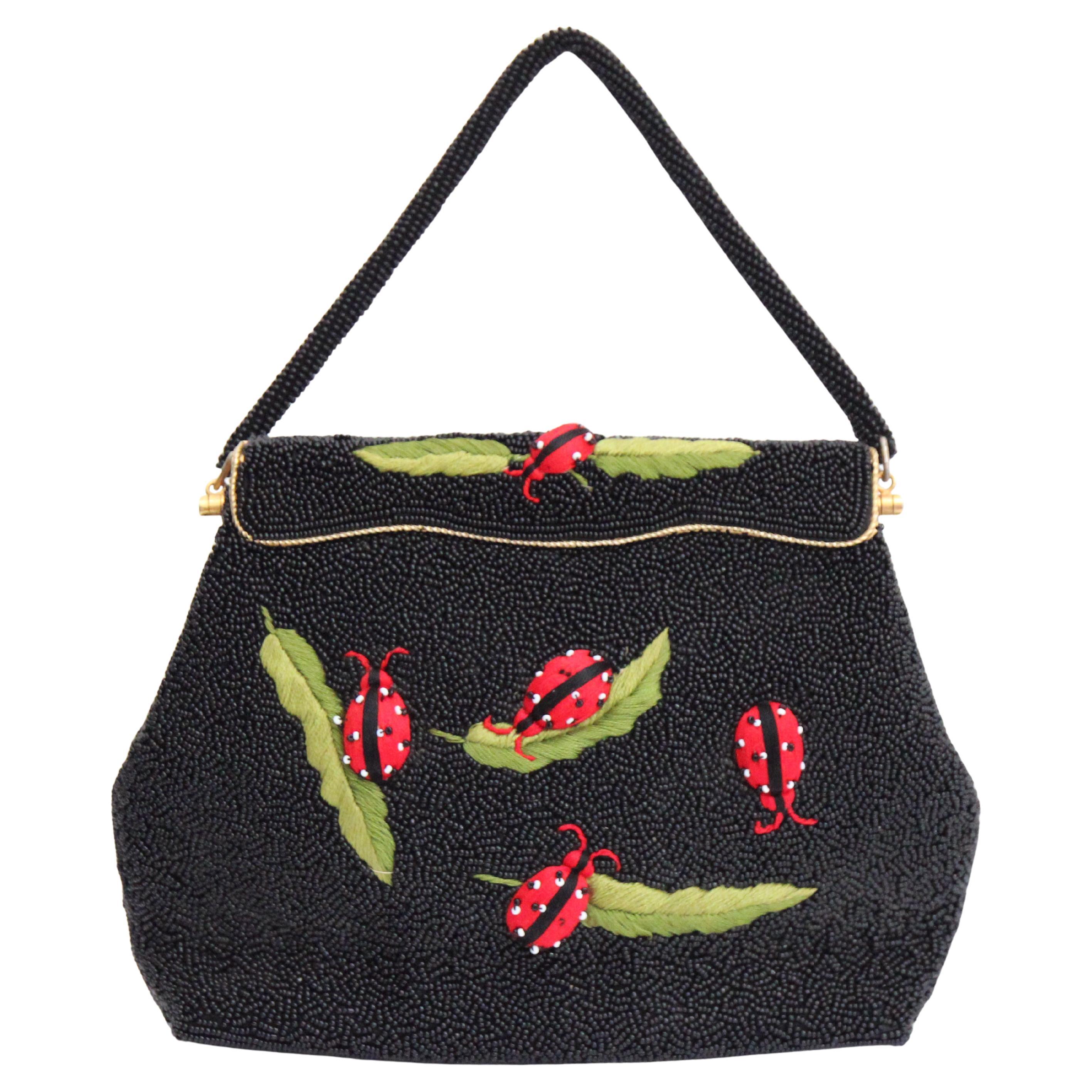 Vintage 1950's beaded purse ladybug embroidered beaded handbag insect embroidery For Sale