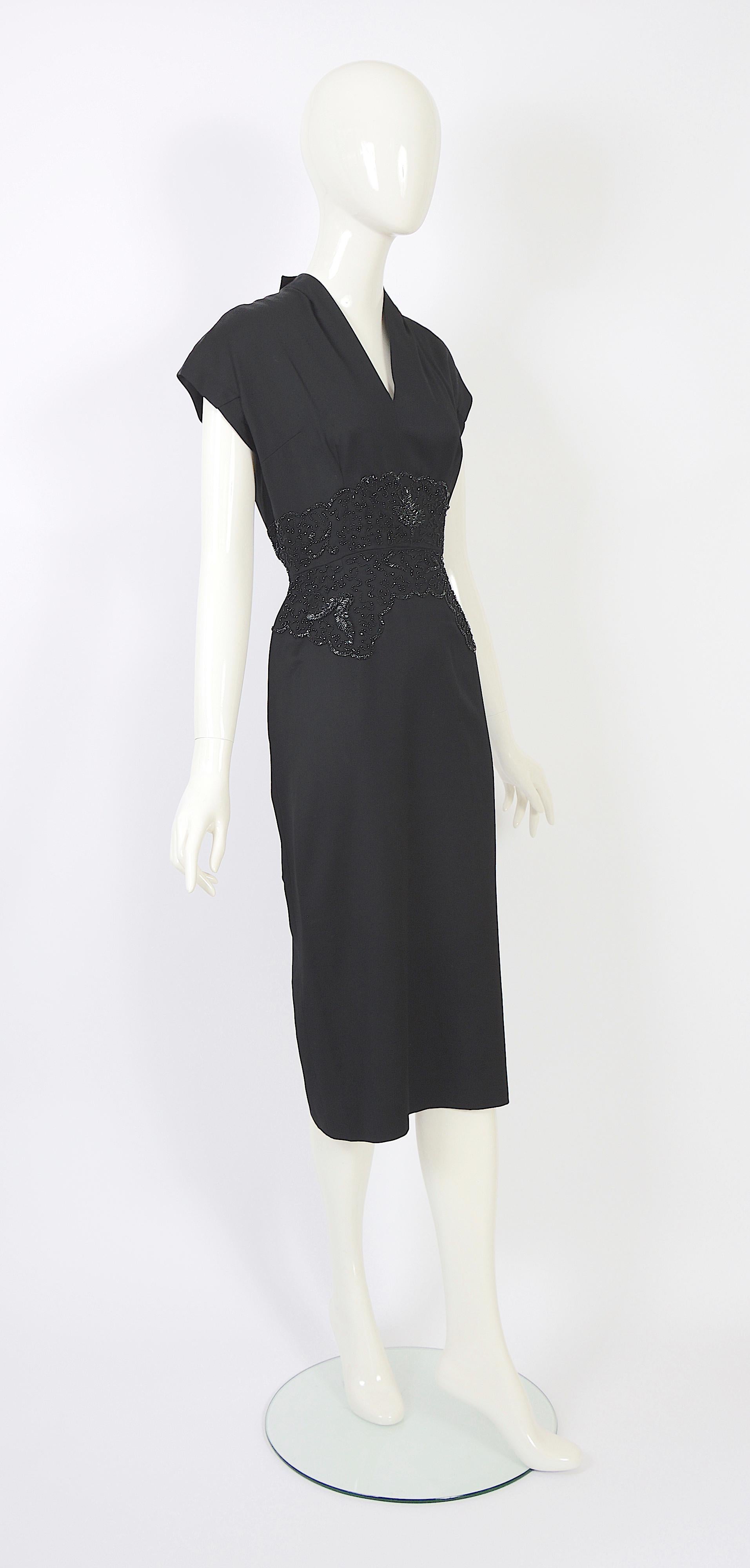 Vintage 1950s Belgian Lancel haute couture embellished waist black wool dress For Sale 6
