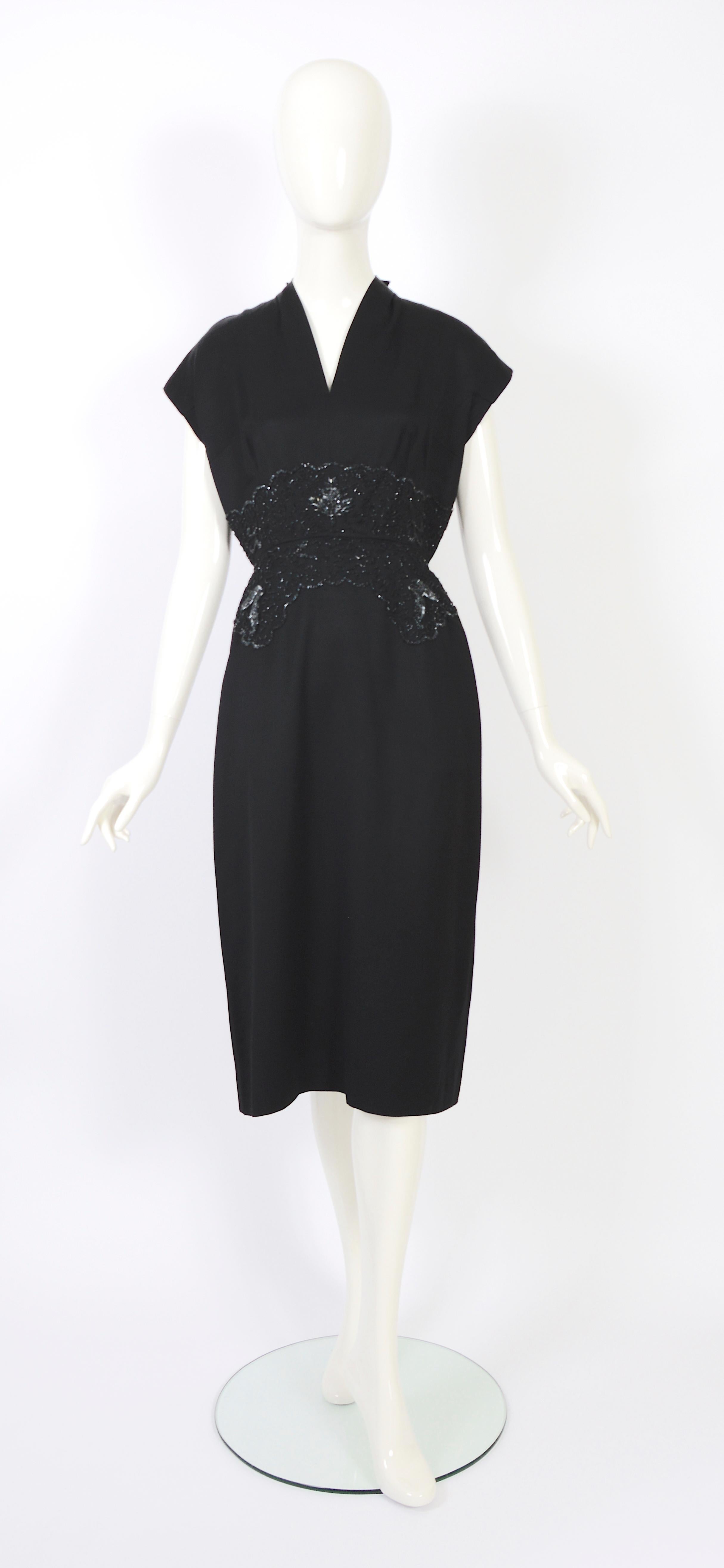 Vintage 1950s Belgian Lancel haute couture embellish waist black wool dress en vente 7