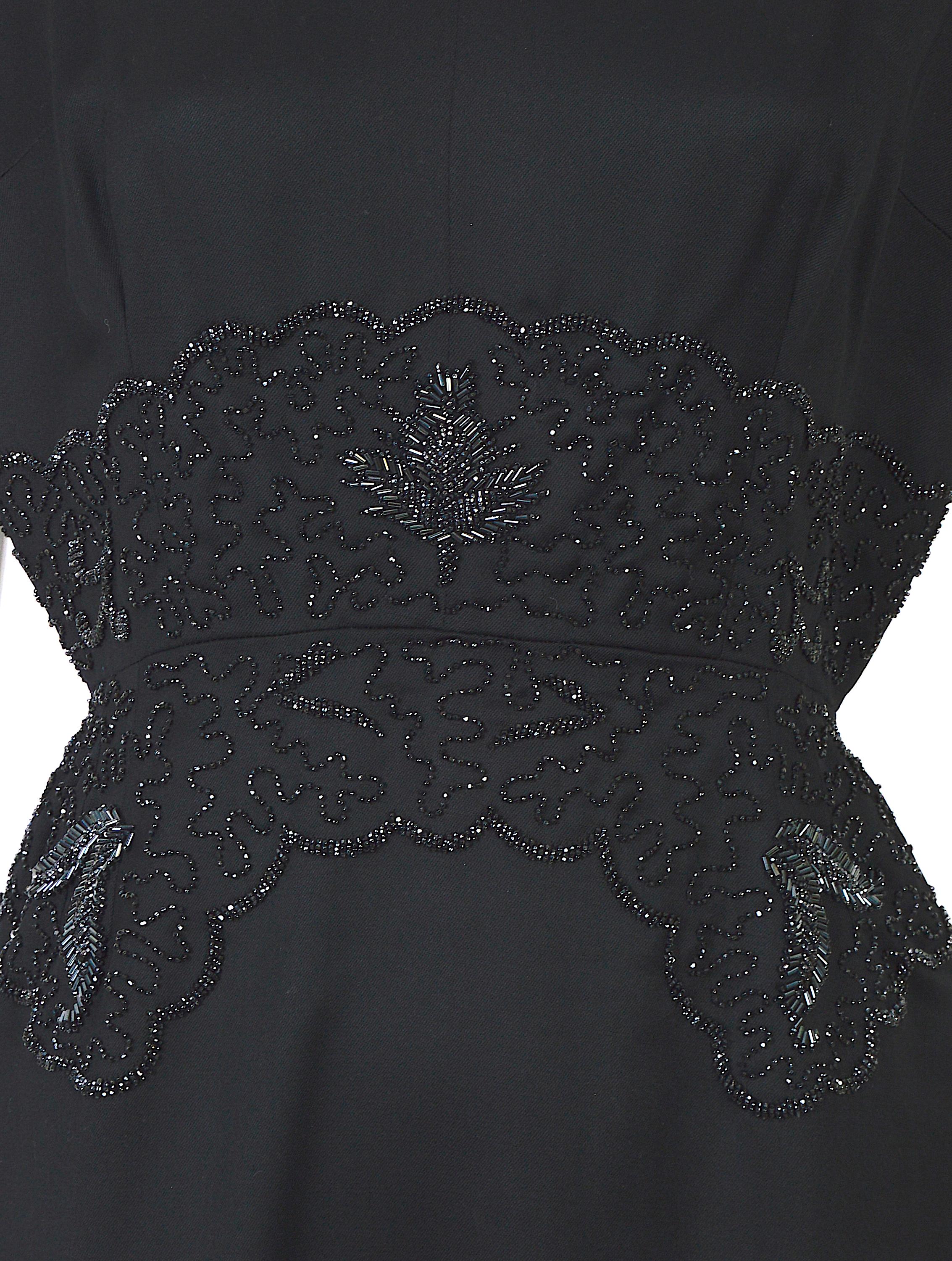 Vintage 1950s Belgian Lancel haute couture embellished waist black wool dress For Sale 9