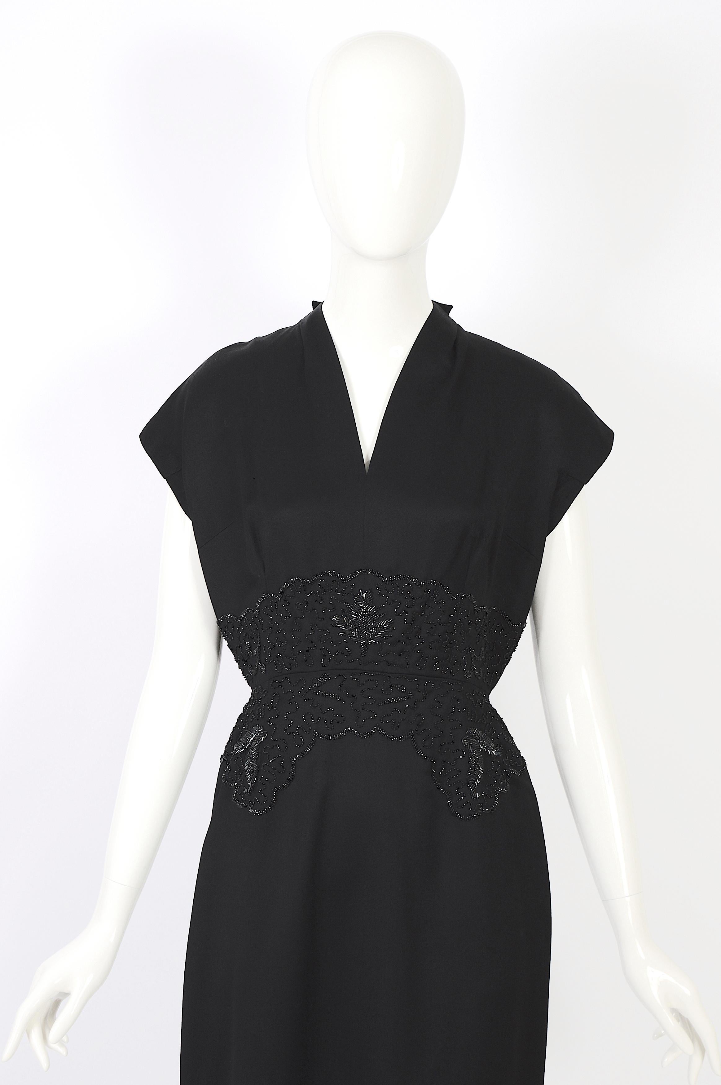 Vintage 1950s Belgian Lancel haute couture embellish waist black wool dress en vente 10