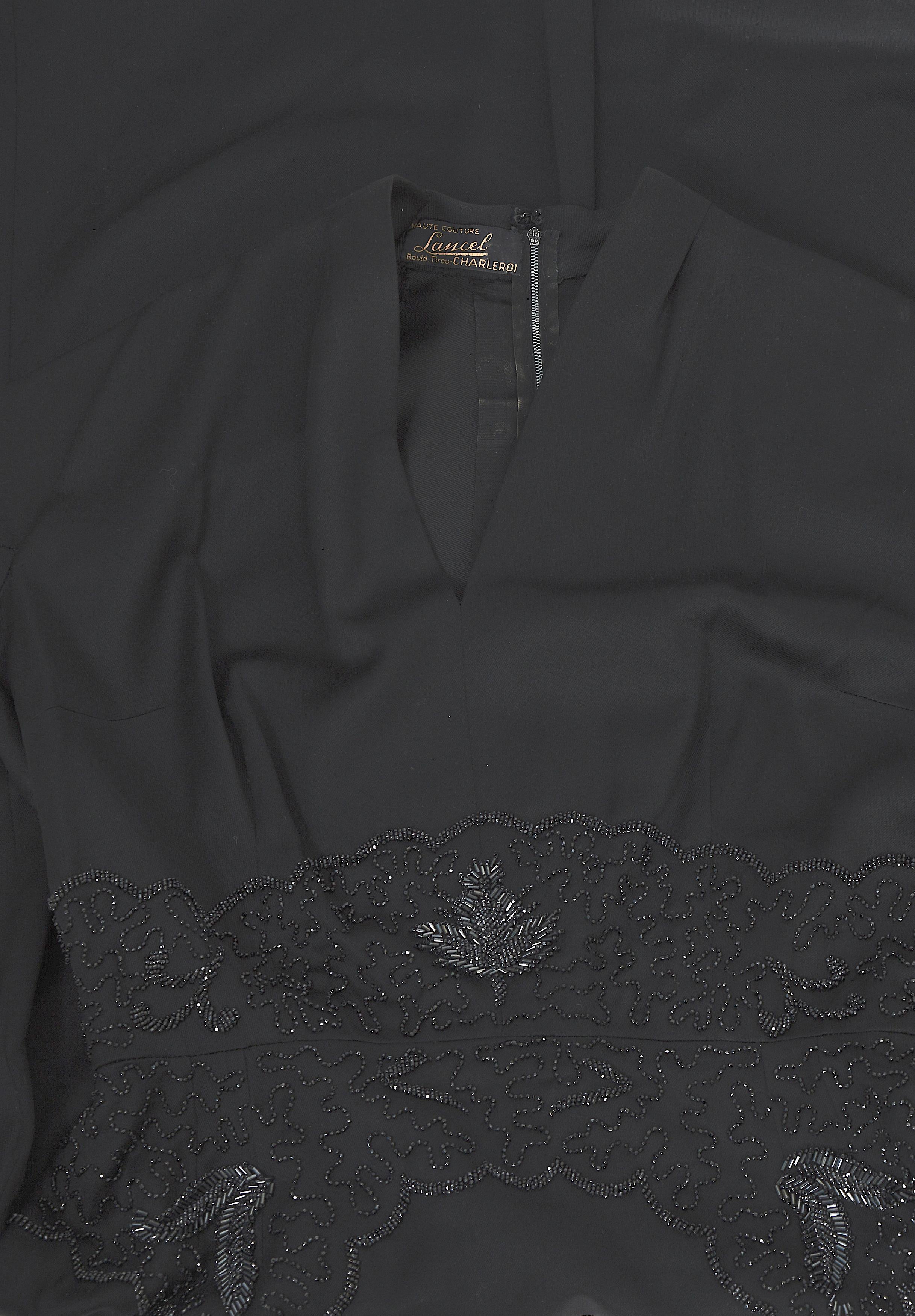 Vintage 1950s Belgian Lancel haute couture embellish waist black wool dress en vente 11