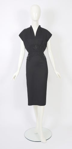 Vintage 1950s Belgian Lancel haute couture embellished waist black wool dress