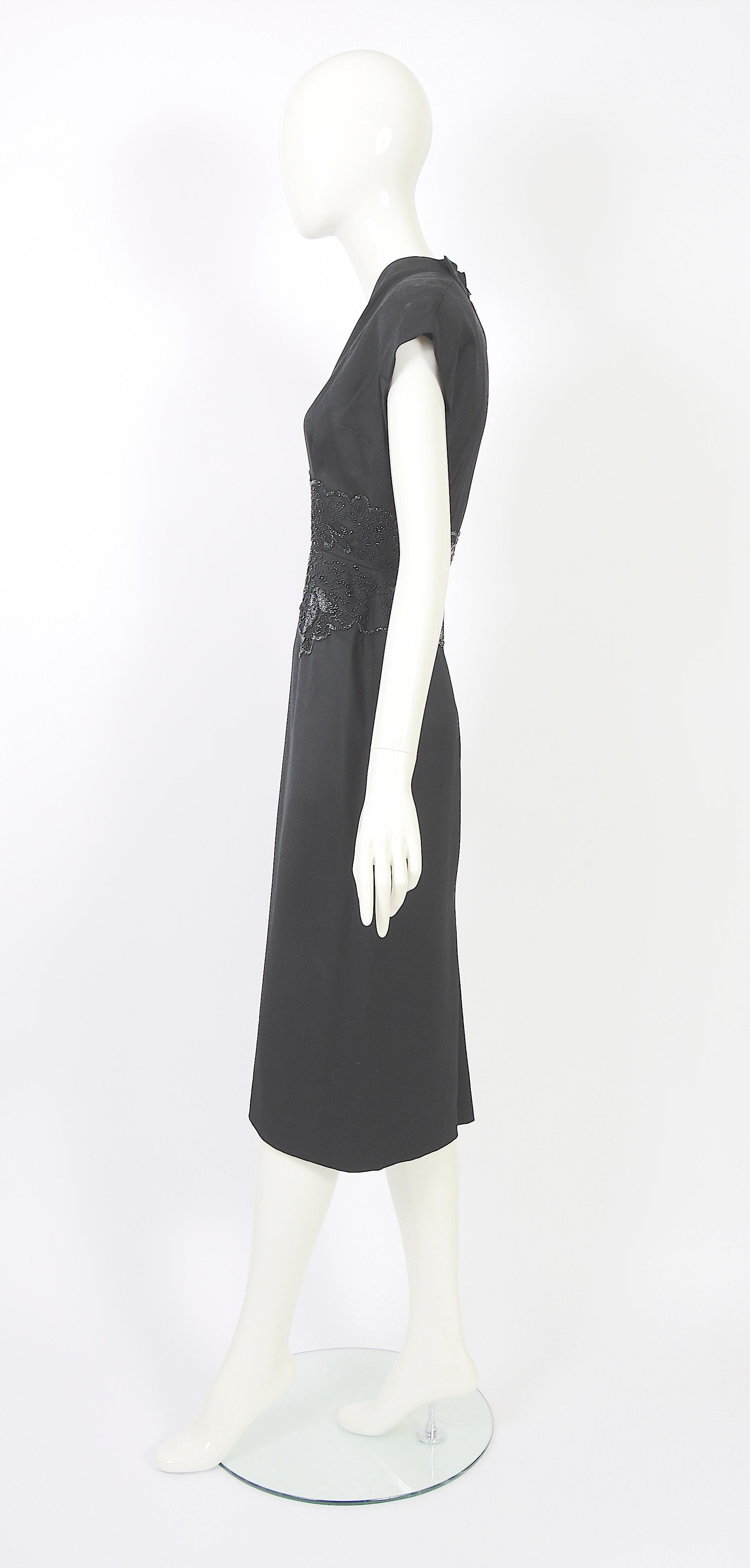 Women's or Men's Vintage 1950s Belgian Lancel haute couture embellished waist black wool dress For Sale