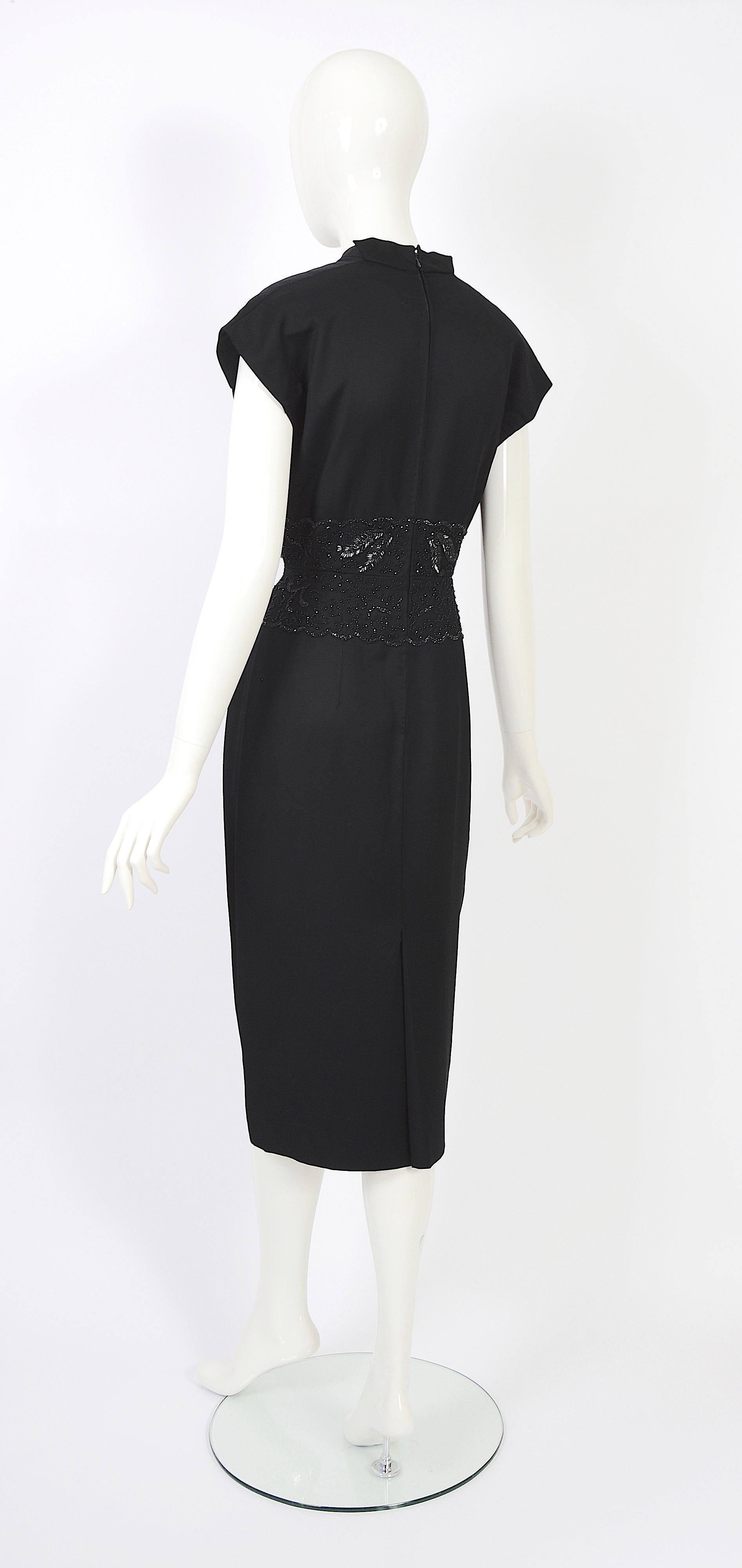 Vintage 1950s Belgian Lancel haute couture embellished waist black wool dress For Sale 1