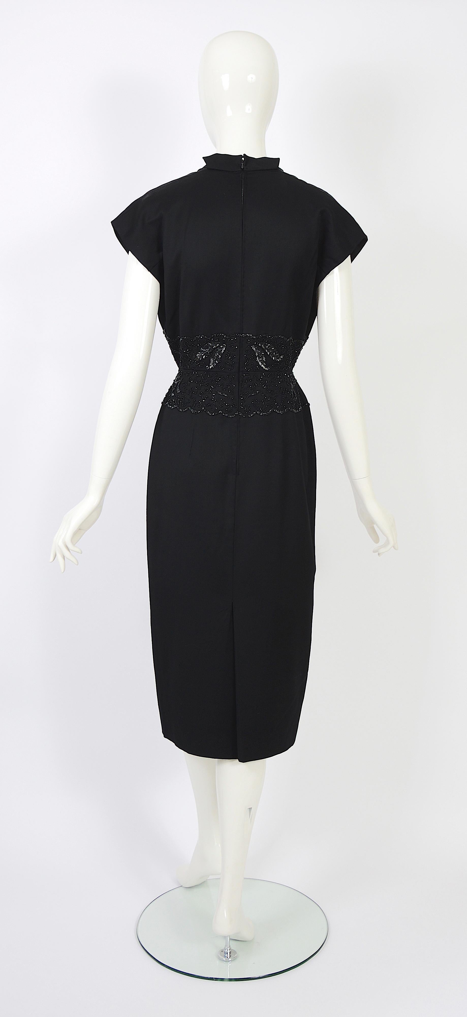 Vintage 1950s Belgian Lancel haute couture embellish waist black wool dress en vente 2