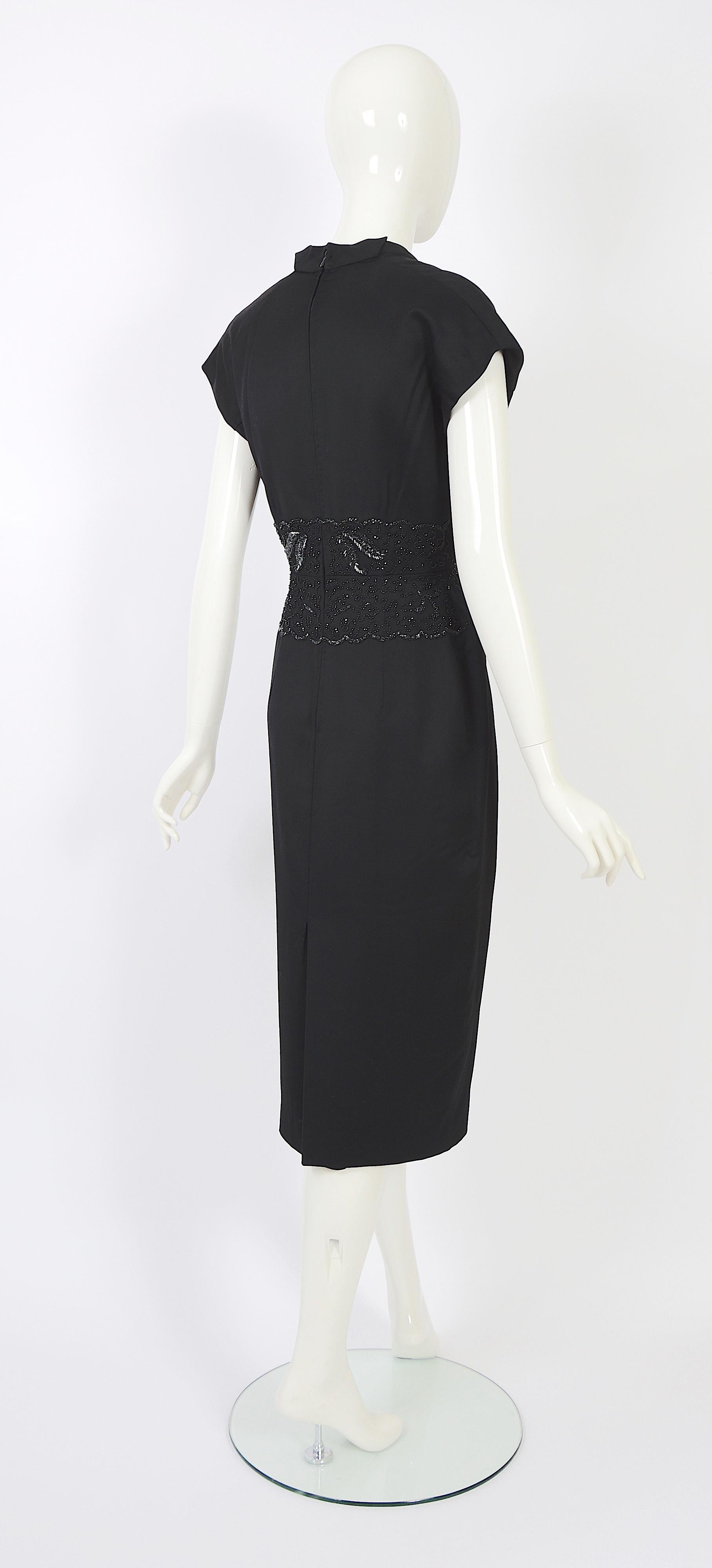 Vintage 1950s Belgian Lancel haute couture embellished waist black wool dress For Sale 3