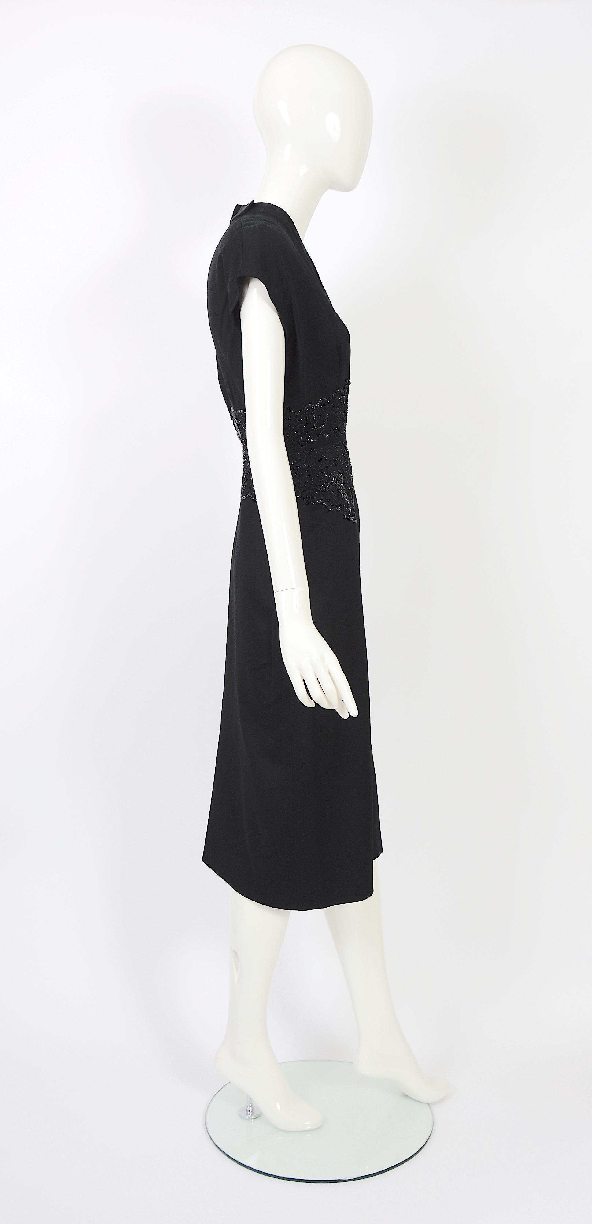 Vintage 1950s Belgian Lancel haute couture embellished waist black wool dress For Sale 4