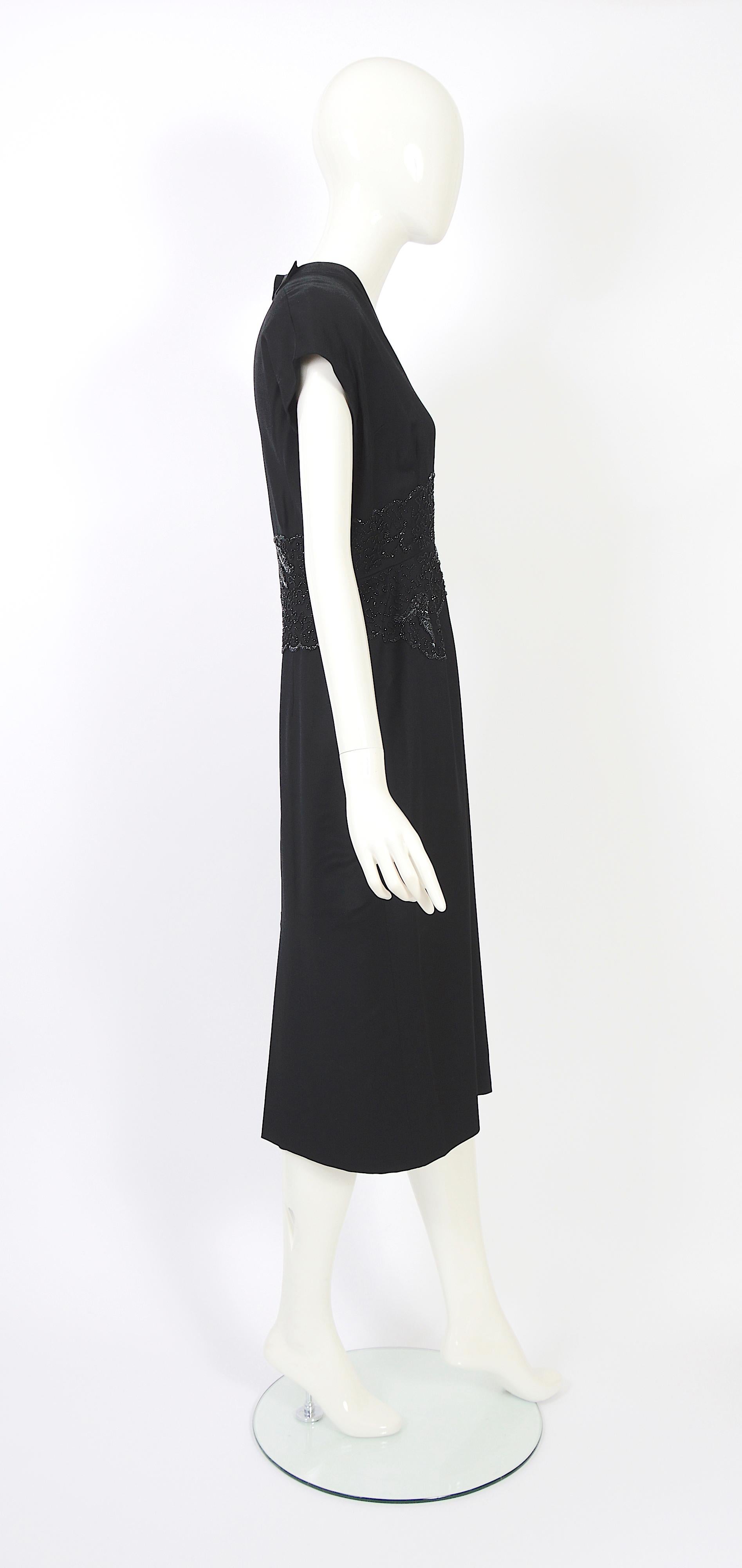 Vintage 1950s Belgian Lancel haute couture embellished waist black wool dress For Sale 5