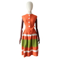 Vintage 1950's Betty Barclay Orange and green striped cotton dress UK 12 US 8