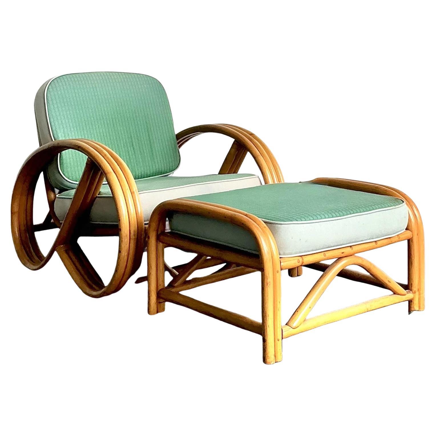 Vintage 1950s Beverly Hills Rattan Lounge Chairs and Ottoman