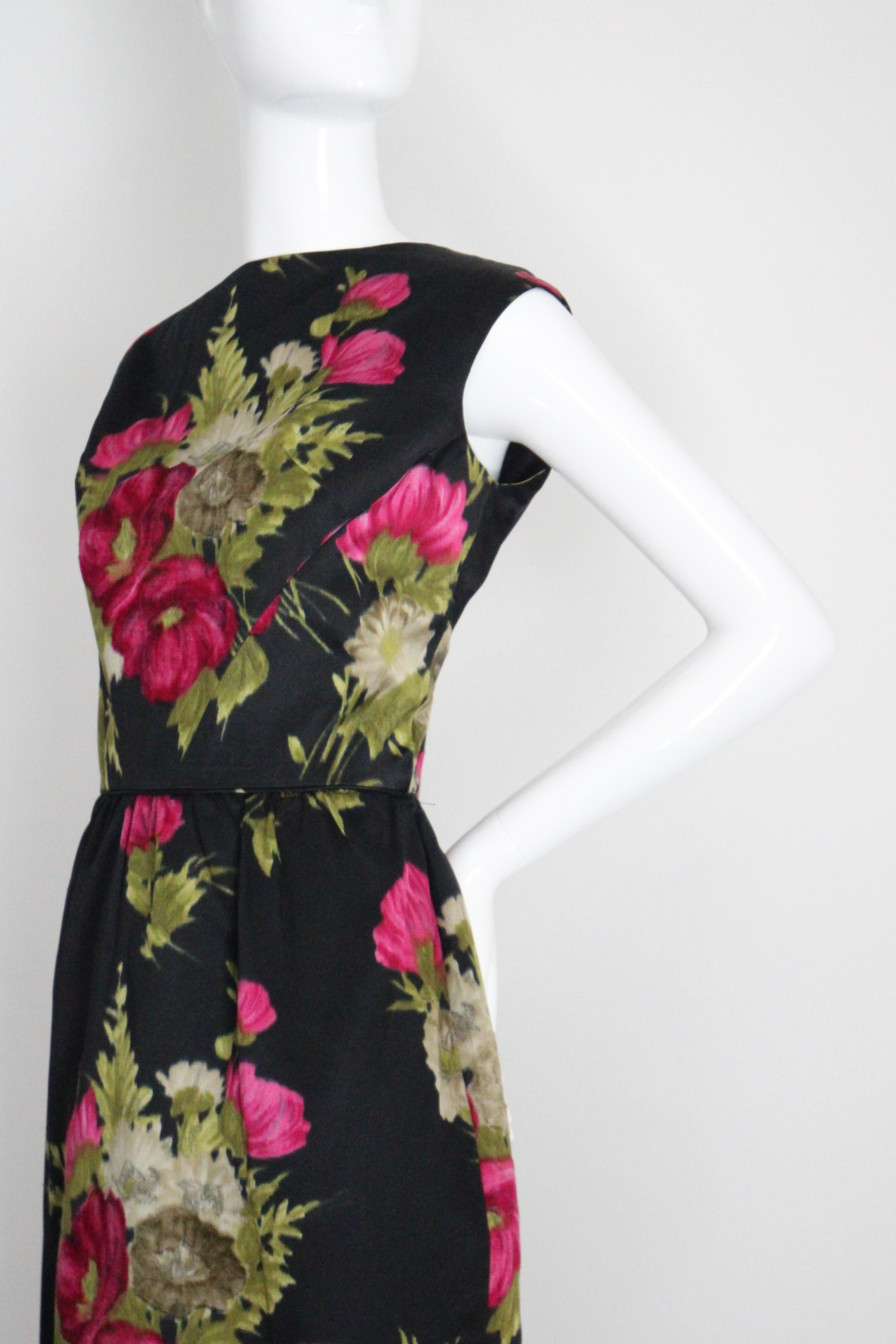 Vintage 1950's Black and Pink Silk Velvet Floral Dress & Jacket UK 10 US 6 For Sale 6