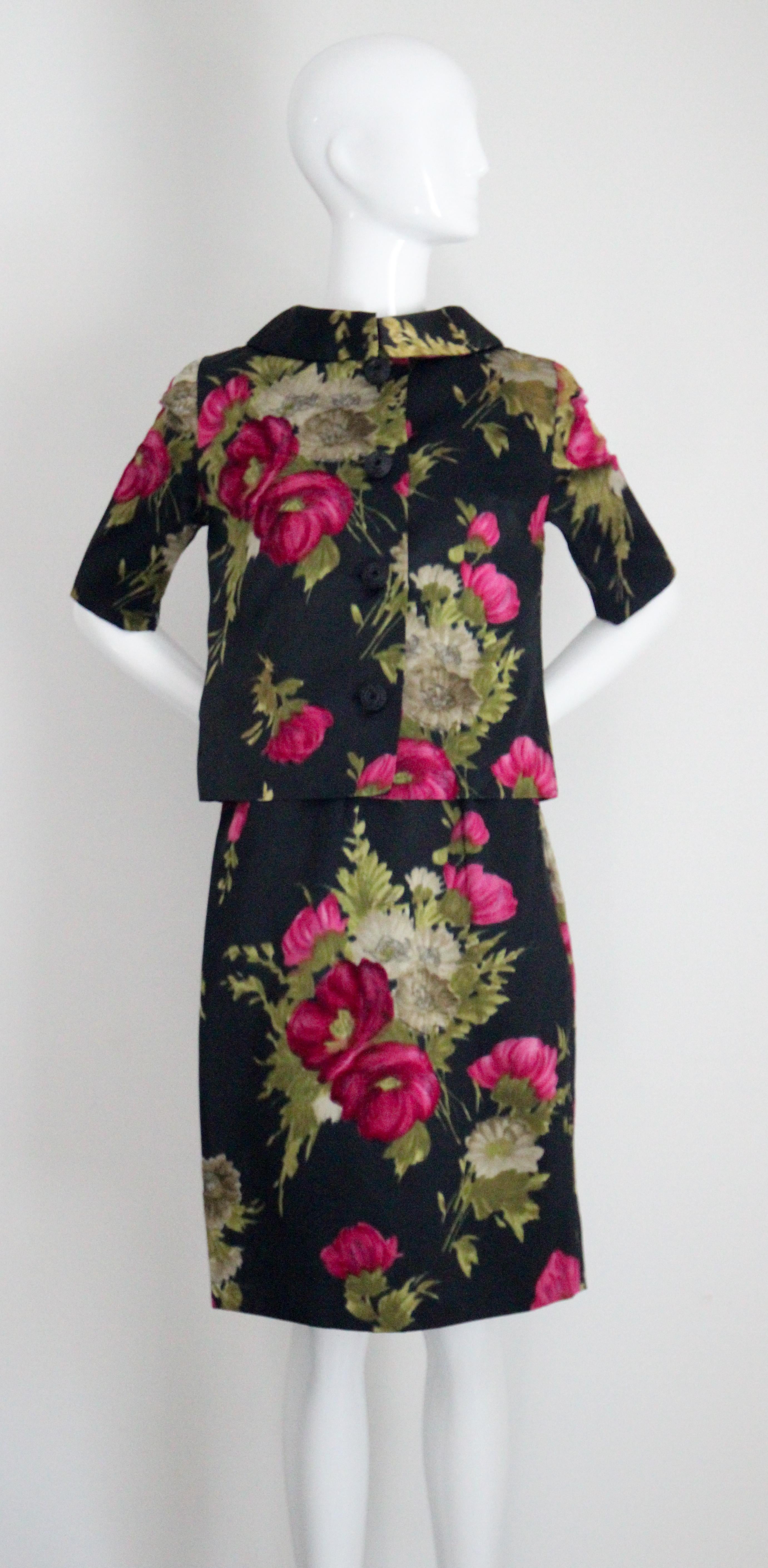 Vintage 1950's Black and Pink Silk Velvet Floral Dress & Jacket UK 10 US 6 For Sale 8