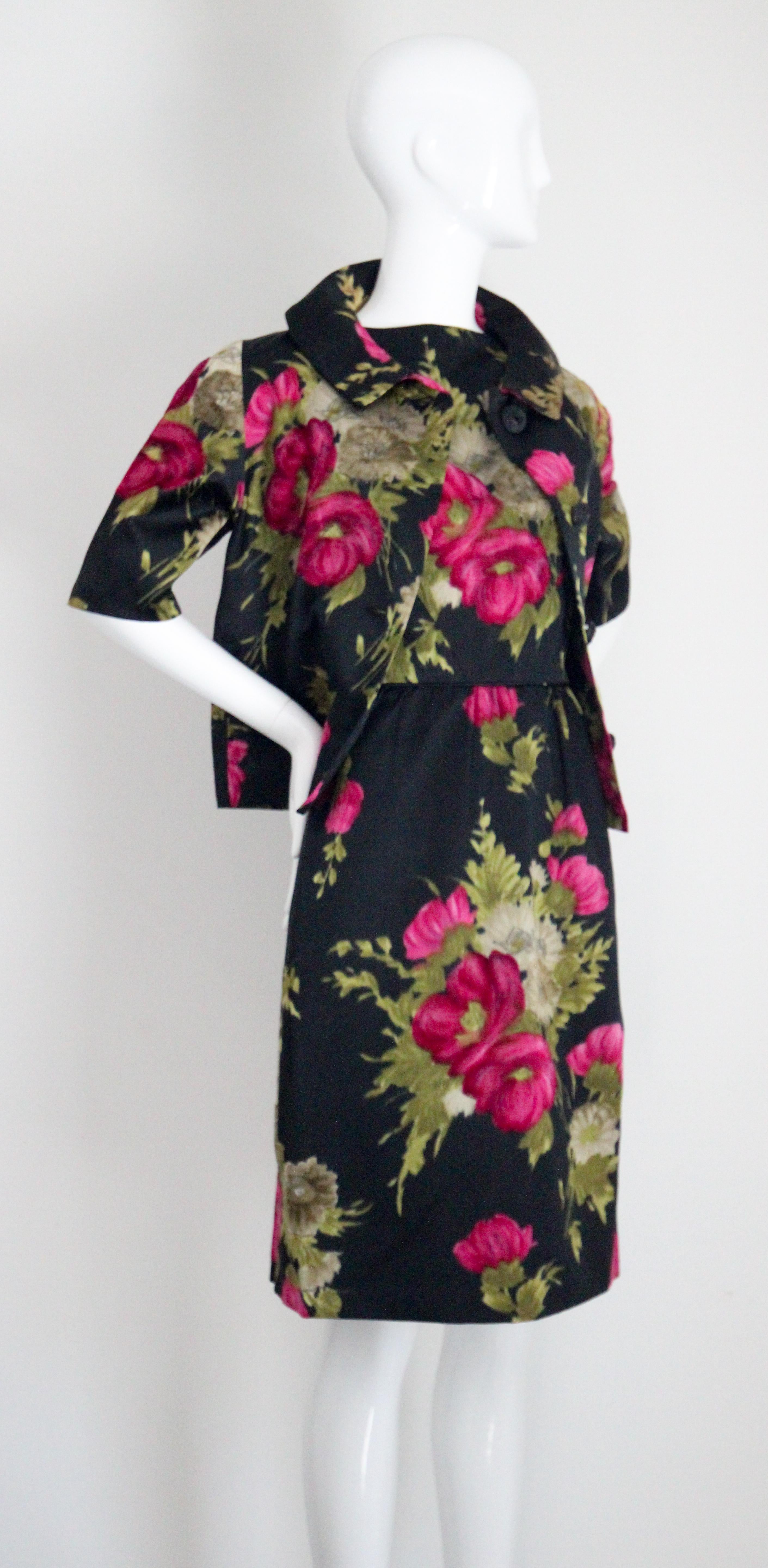 Vintage 1950's Black and Pink Silk Velvet Floral Dress & Jacket UK 10 US 6 For Sale 9