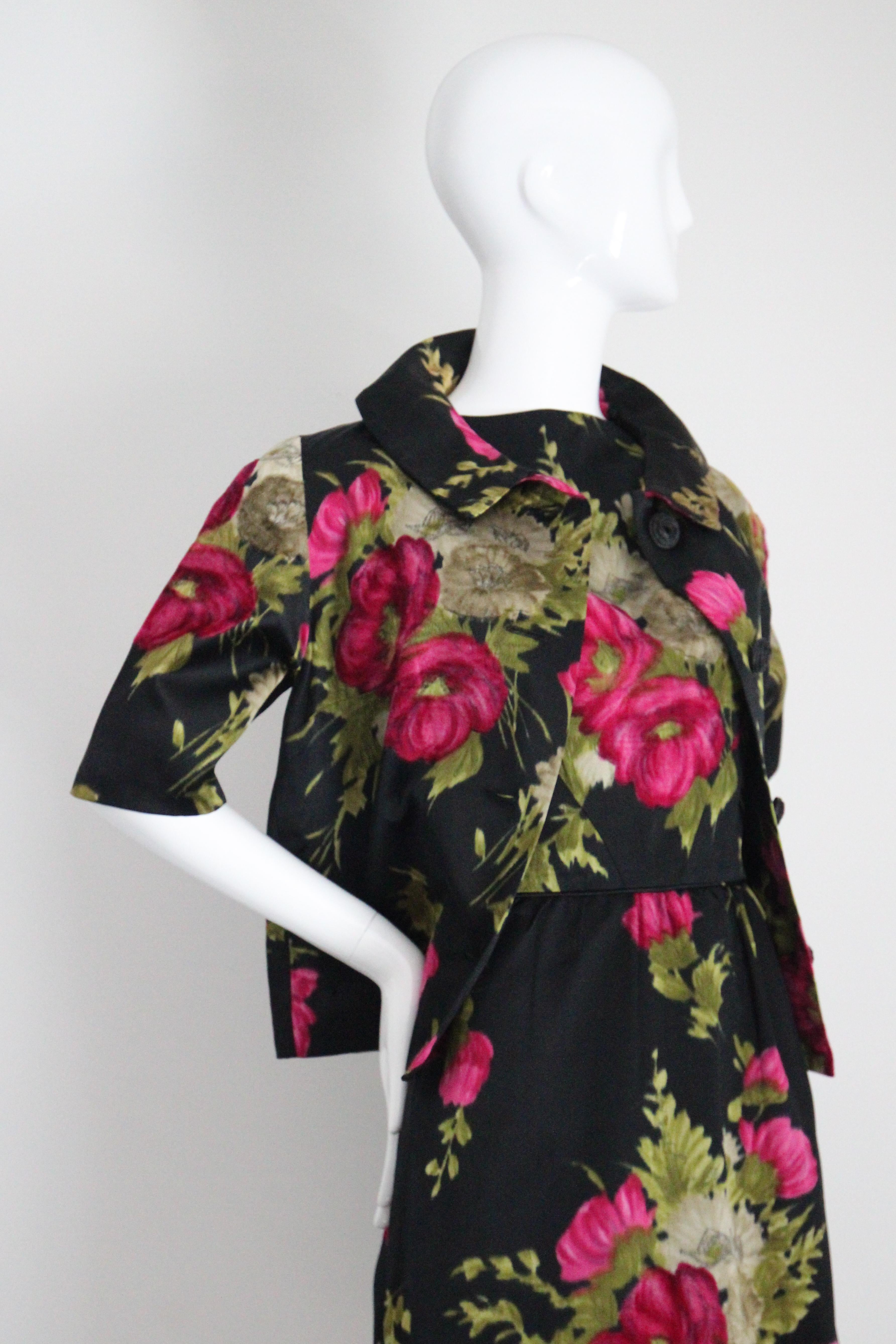 Vintage 1950's Black and Pink Silk Velvet Floral Dress & Jacket UK 10 US 6 For Sale 10