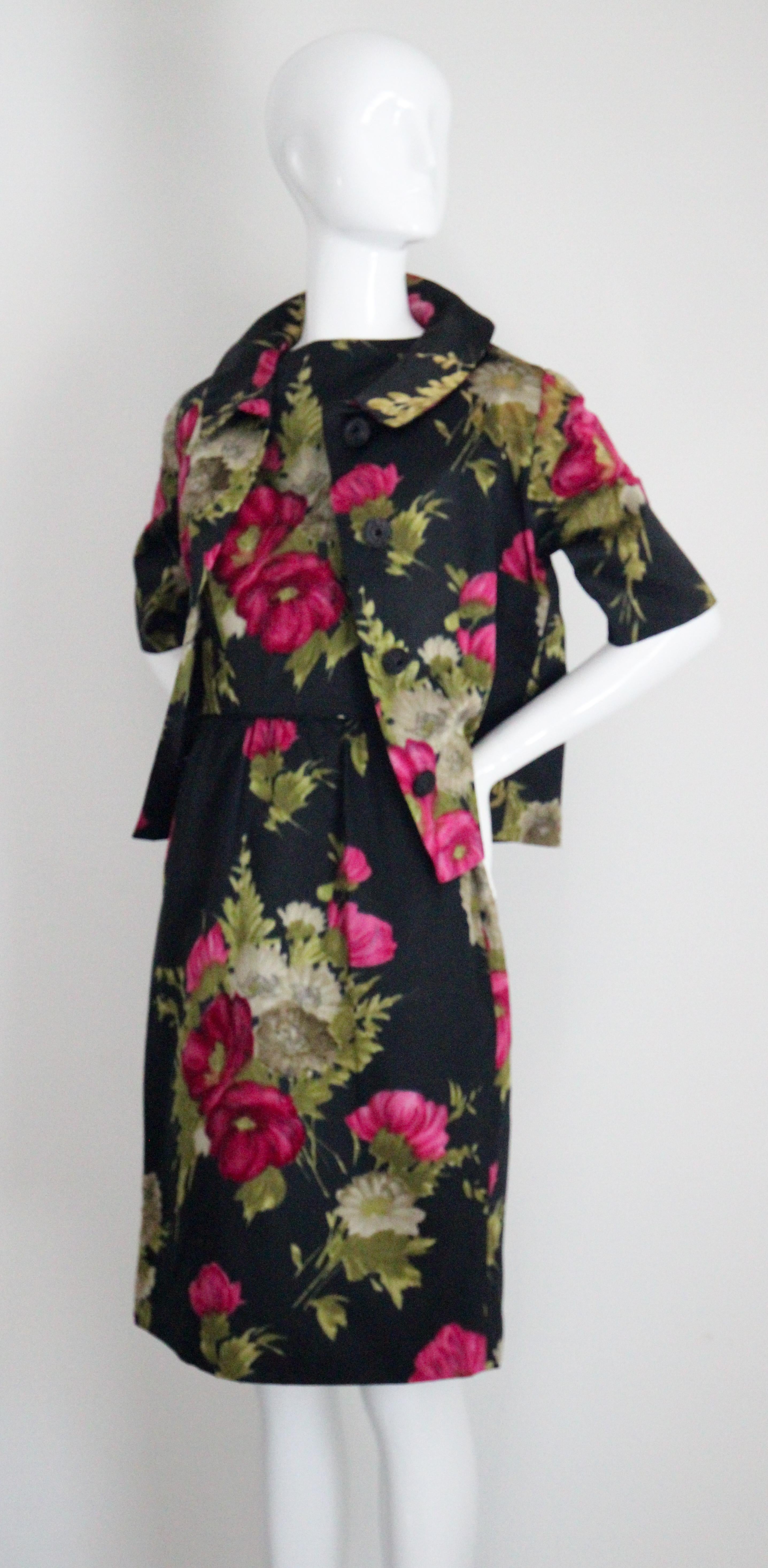 Vintage 1950's Black and Pink Silk Velvet Floral Dress & Jacket UK 10 US 6 For Sale 11