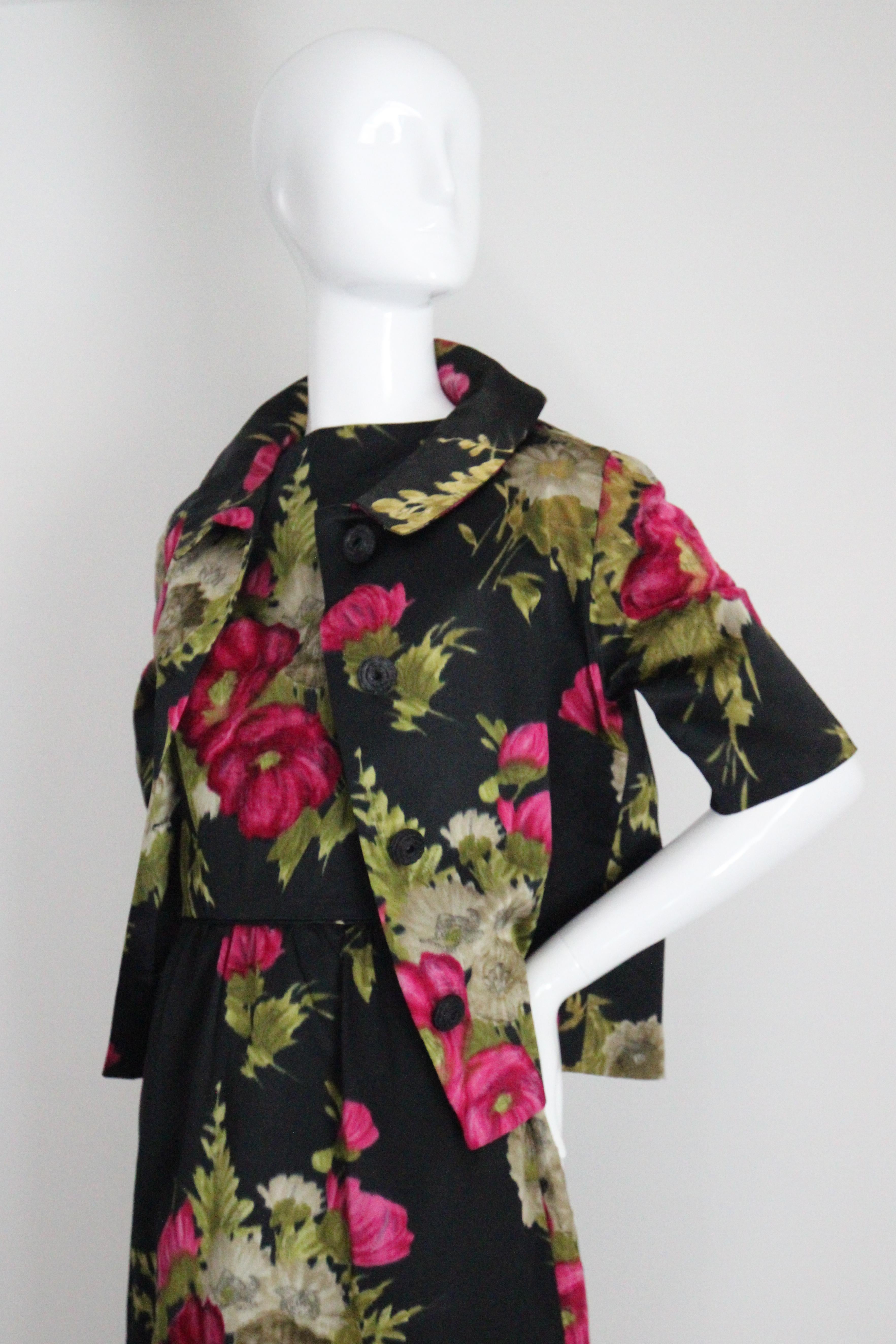 Vintage 1950's Black and Pink Silk Velvet Floral Dress & Jacket UK 10 US 6 For Sale 12