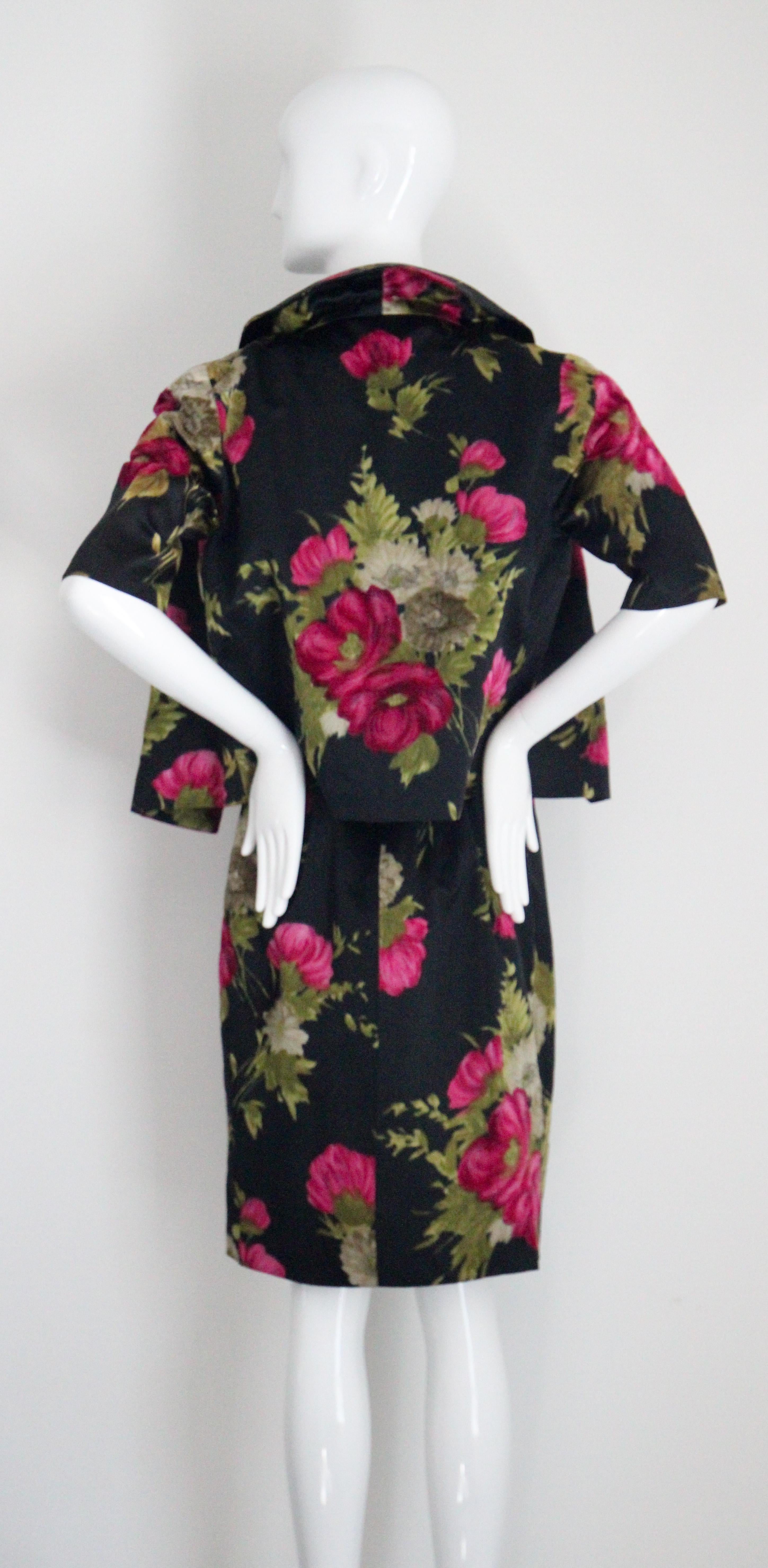 Vintage 1950's Black and Pink Silk Velvet Floral Dress & Jacket UK 10 US 6 For Sale 13