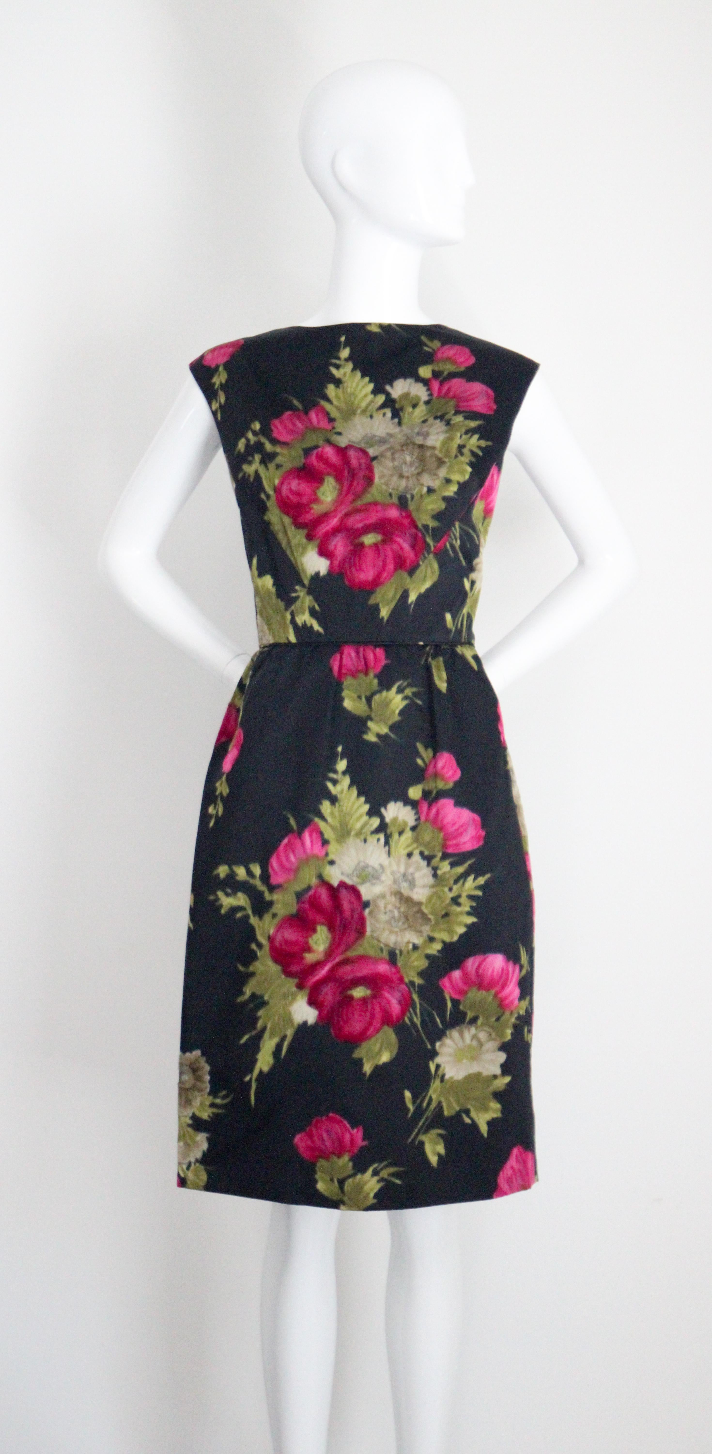 Vintage 1950's Black and Pink Silk Velvet Floral Dress & Jacket UK 10 US 6 In Good Condition For Sale In Cheltenham, GB