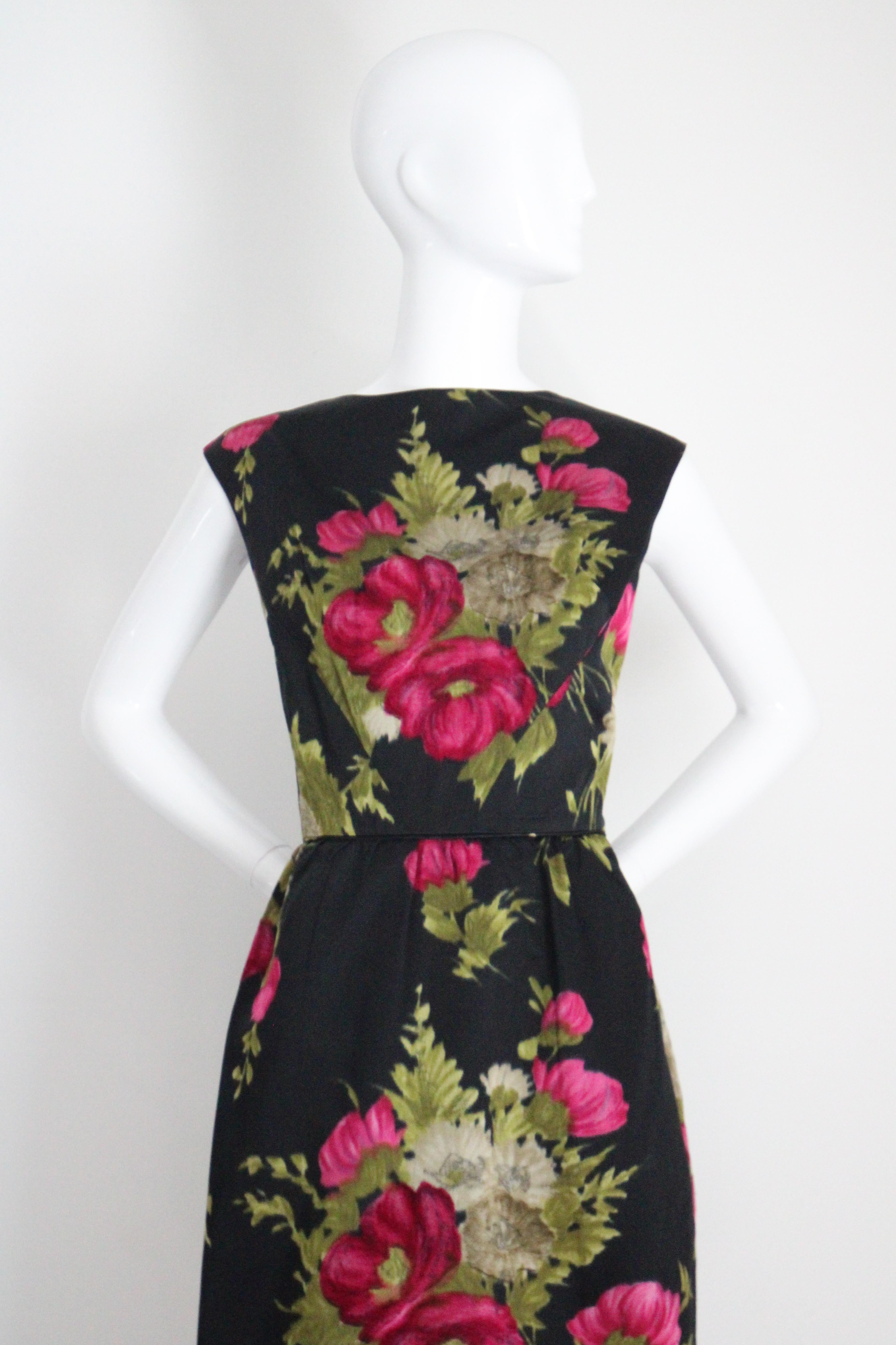 Women's Vintage 1950's Black and Pink Silk Velvet Floral Dress & Jacket UK 10 US 6 For Sale