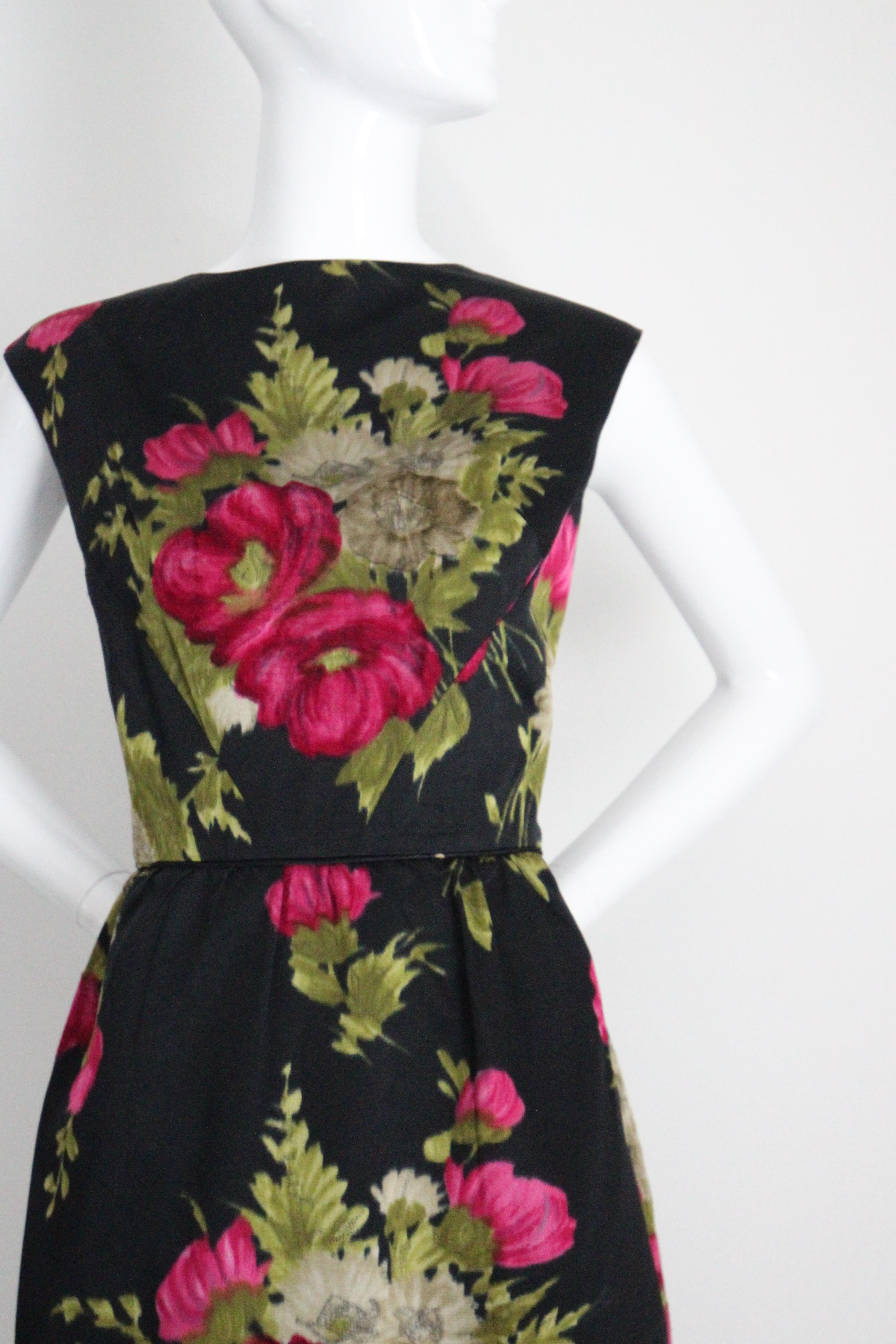 Vintage 1950's Black and Pink Silk Velvet Floral Dress & Jacket UK 10 US 6 For Sale 1